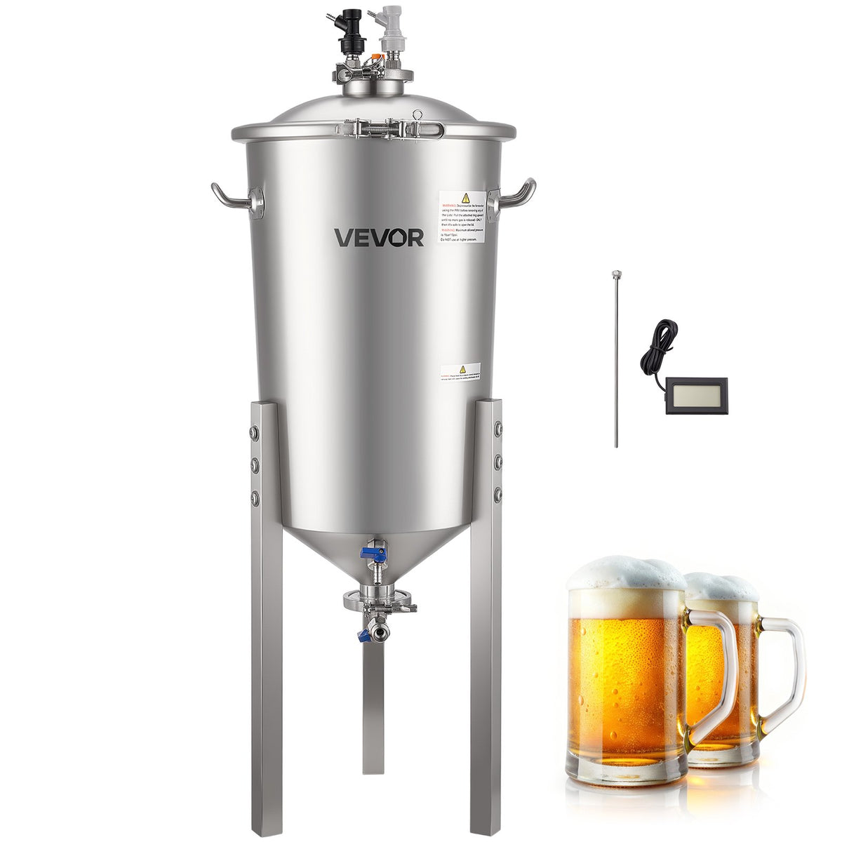 VEVOR Stainless Steel Conical Fermenter, 8 Gal/30L Home Brewing Fermenation Tank, Brew Bucket Fermentor with Conical Bottom, 3 Adjustable Legs, Lid, Handle &amp; Thermometer, for Wine, Beer Fermentation