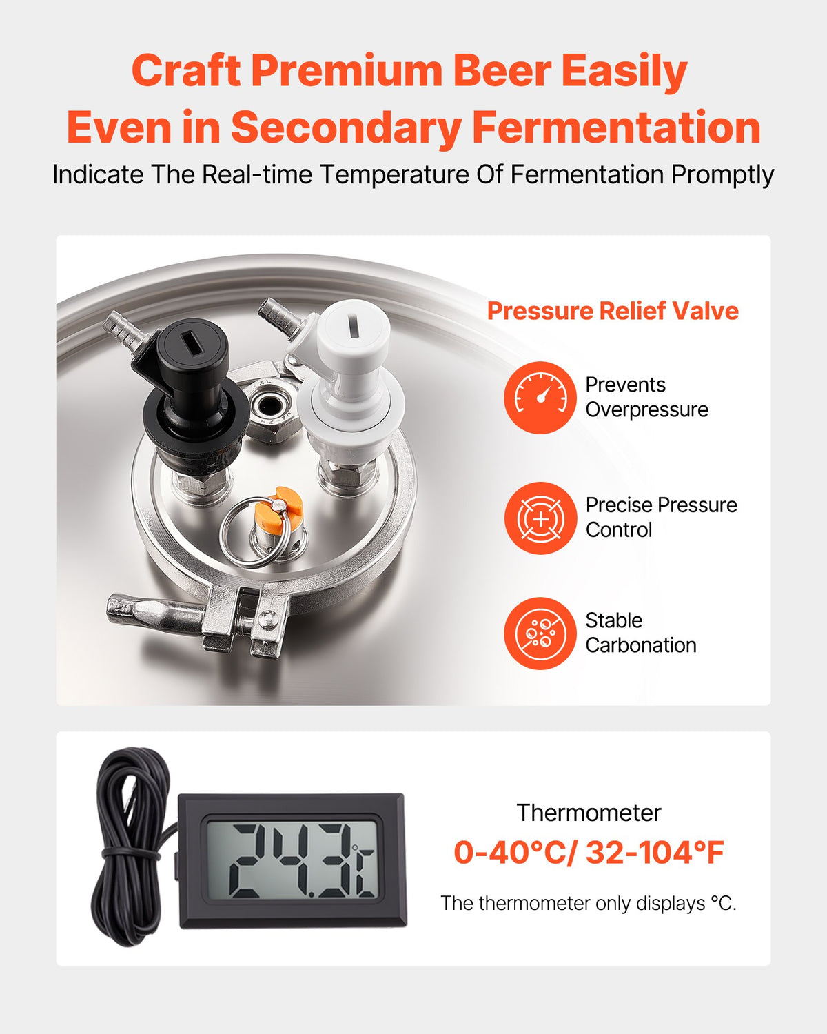 VEVOR Stainless Steel Conical Fermenter, 8 Gal/30L Home Brewing Fermenation Tank, Brew Bucket Fermentor with Conical Bottom, 3 Adjustable Legs, Lid, Handle & Thermometer, for Wine, Beer Fermentation