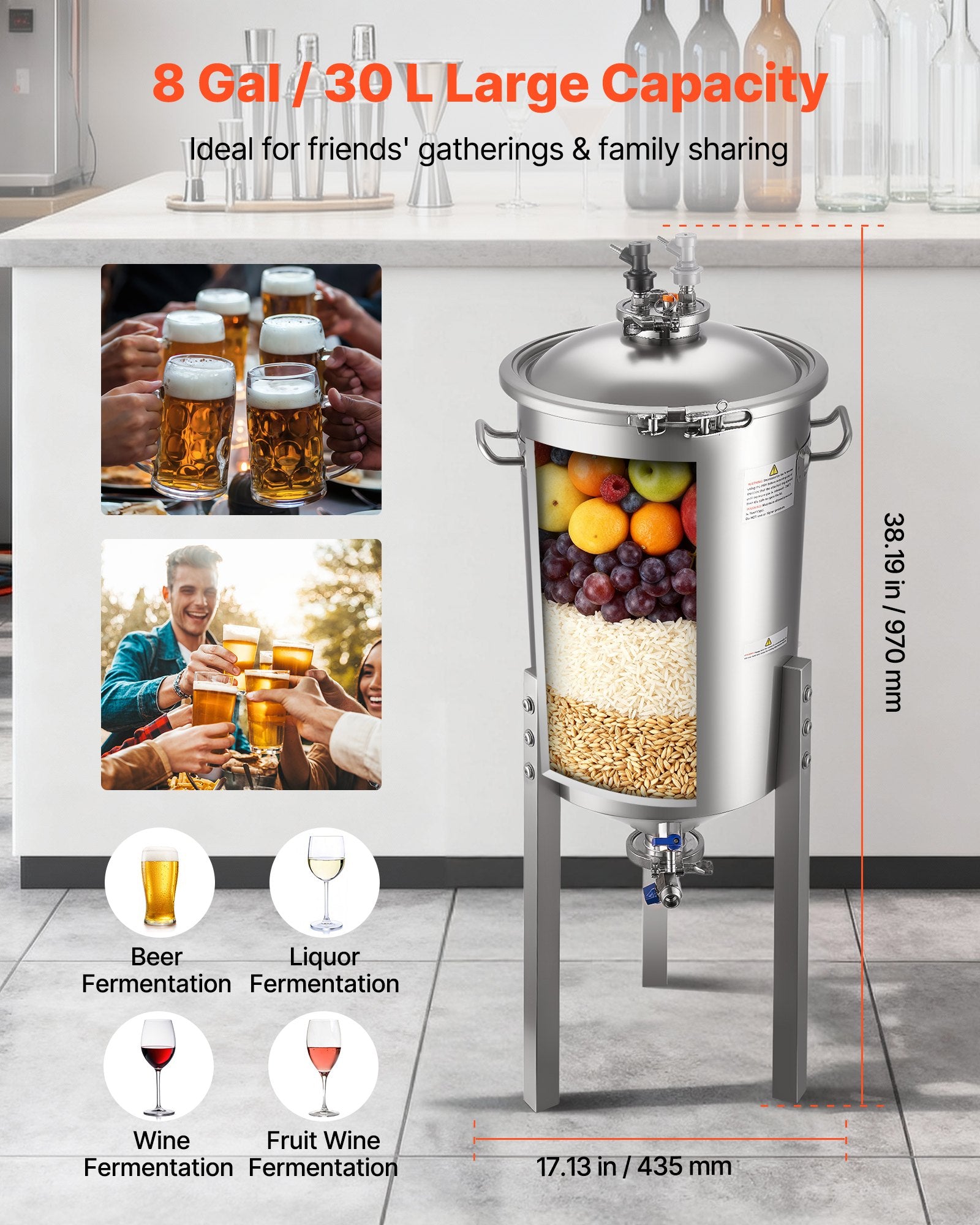 VEVOR Stainless Steel Conical Fermenter, 8 Gal/30L Home Brewing Fermenation Tank, Brew Bucket Fermentor with Conical Bottom, 3 Adjustable Legs, Lid, Handle & Thermometer, for Wine, Beer Fermentation