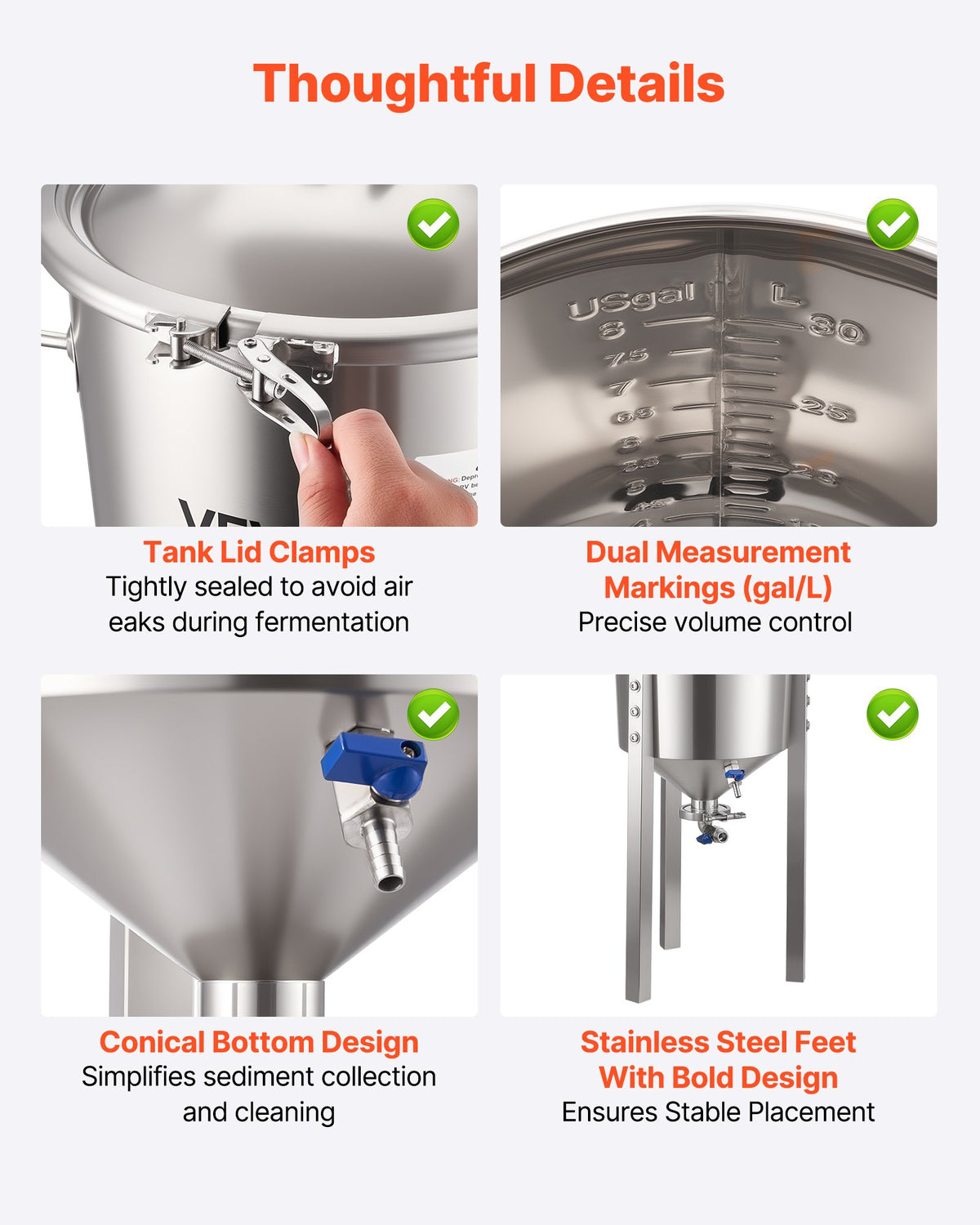 VEVOR Stainless Steel Conical Fermenter, 8 Gal/30L Home Brewing Fermenation Tank, Brew Bucket Fermentor with Conical Bottom, 3 Adjustable Legs, Lid, Handle & Thermometer, for Wine, Beer Fermentation