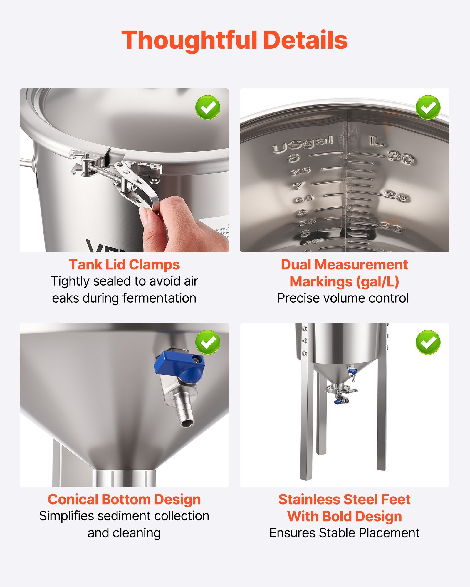 VEVOR Stainless Steel Conical Fermenter, 8 Gal/30L Home Brewing Fermenation Tank, Brew Bucket Fermentor with Conical Bottom, 3 Adjustable Legs, Lid, Handle & Thermometer, for Wine, Beer Fermentation