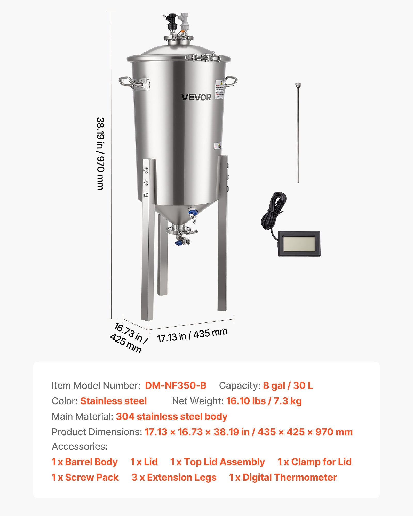 VEVOR Stainless Steel Conical Fermenter, 8 Gal/30L Home Brewing Fermenation Tank, Brew Bucket Fermentor with Conical Bottom, 3 Adjustable Legs, Lid, Handle & Thermometer, for Wine, Beer Fermentation