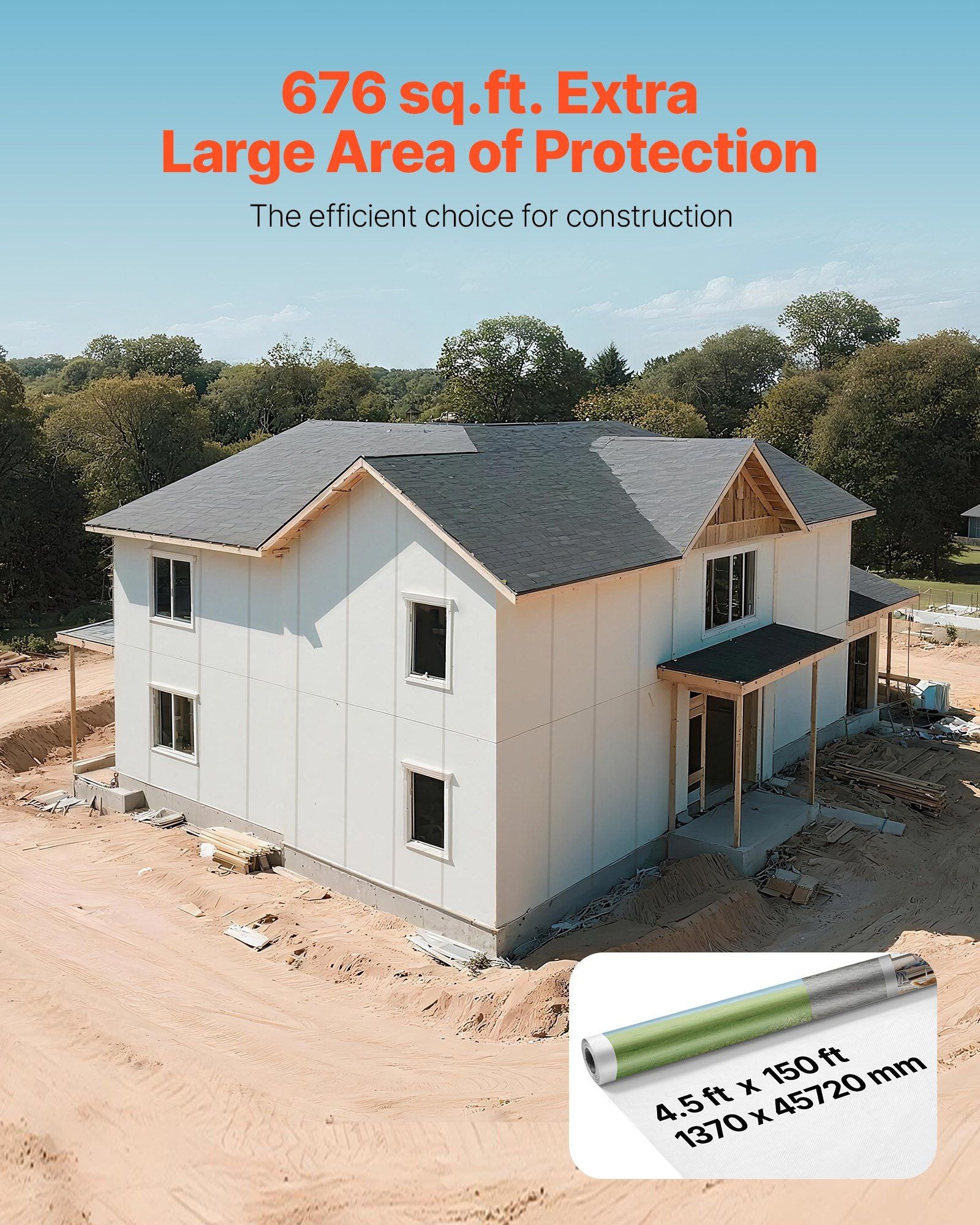 House Wrap, 1.37 x 45.72 m, 0.13 mm Thick Vapor Barrier, Heavy Duty Plastic Sheeting for Tear-resistant, Drop Cloth Vapor Barrier Covering for Residential & Commercial Construction, White