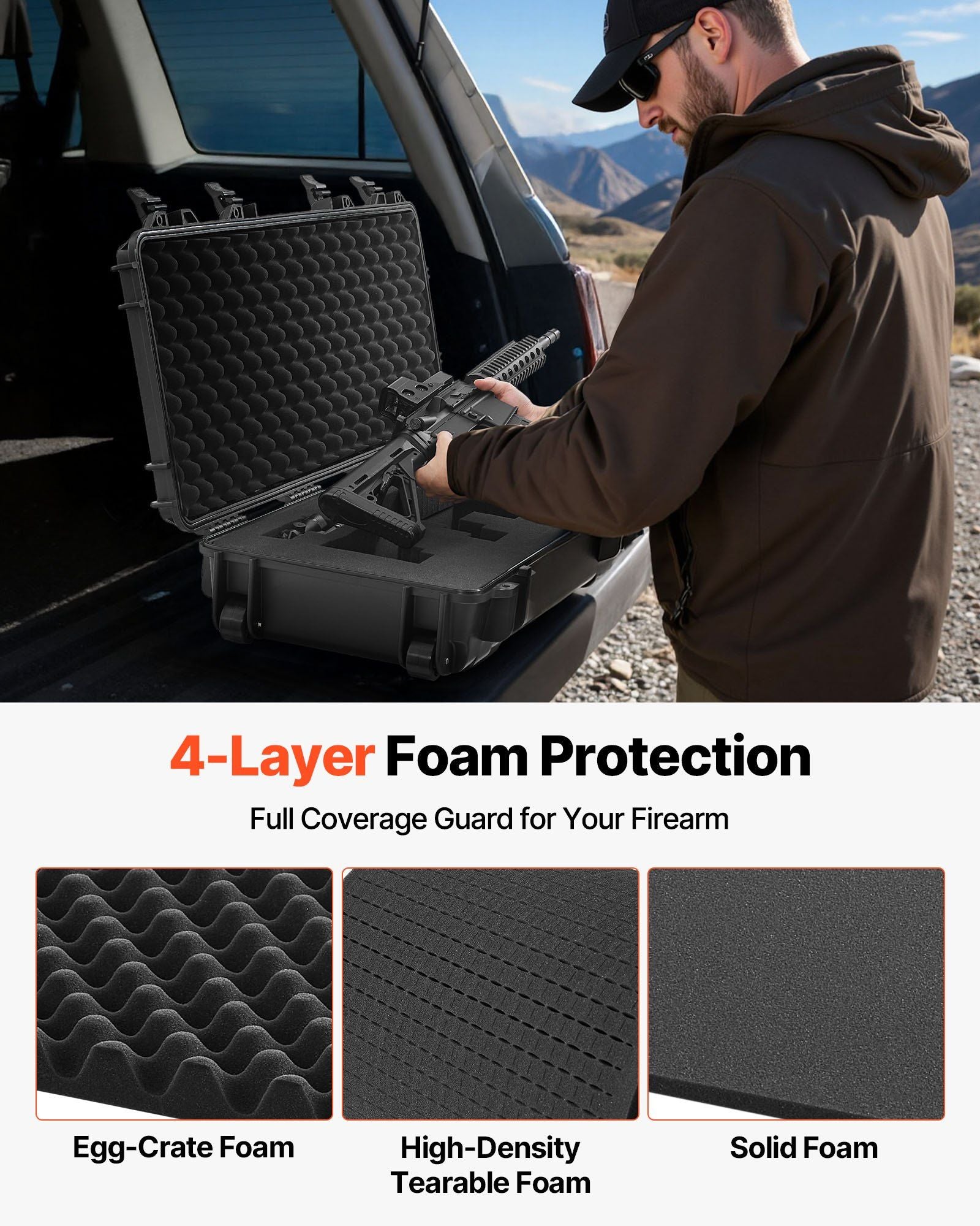 Hard Rifle Case, Lockable Rifle Case with Pre-cut Foams, 1016 mm Gun Storage with Wheels, IP67 Waterproof & Dustproof Movable Large Pistol Storage for Rifles, Shotguns, Airsoft Guns, Black