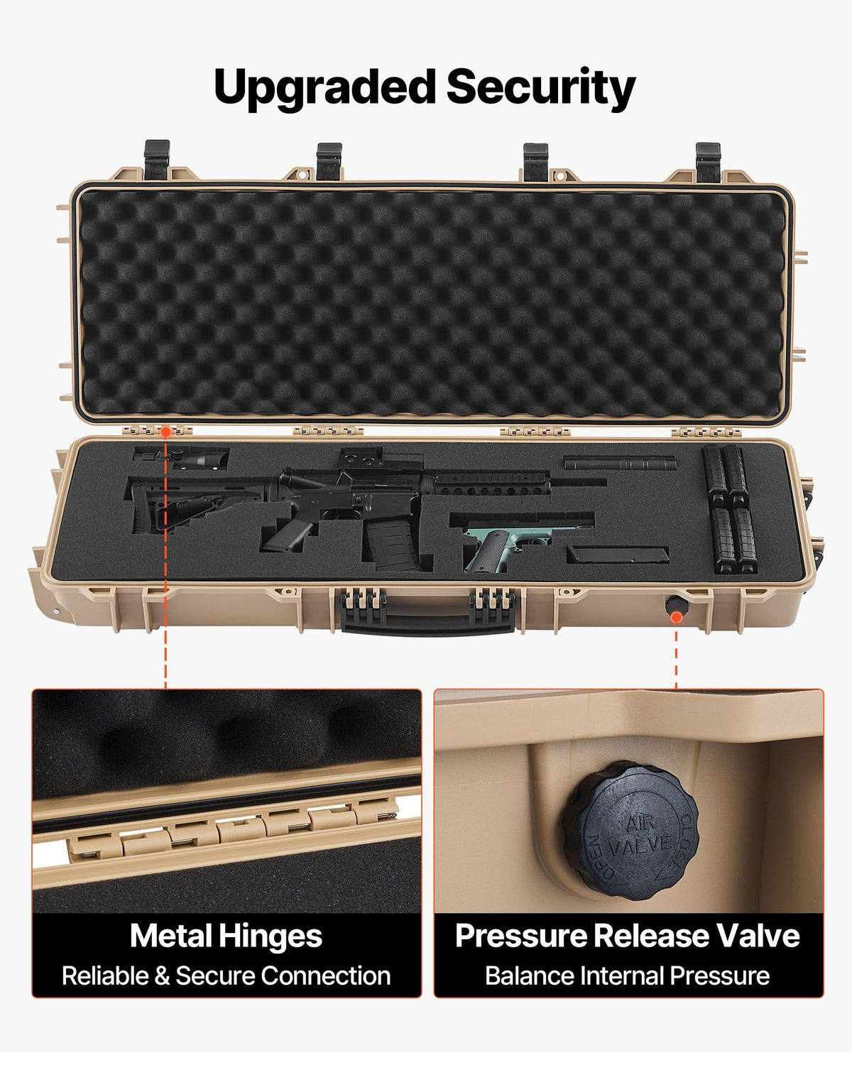 Hard Rifle Case, Lockable Rifle Case with Pre-cut Foams, 1016 mm Gun Storage with Wheels, IP67 Waterproof & Dustproof Movable Large Pistol Storage for Rifles, Shotguns, Airsoft Guns, Khaki