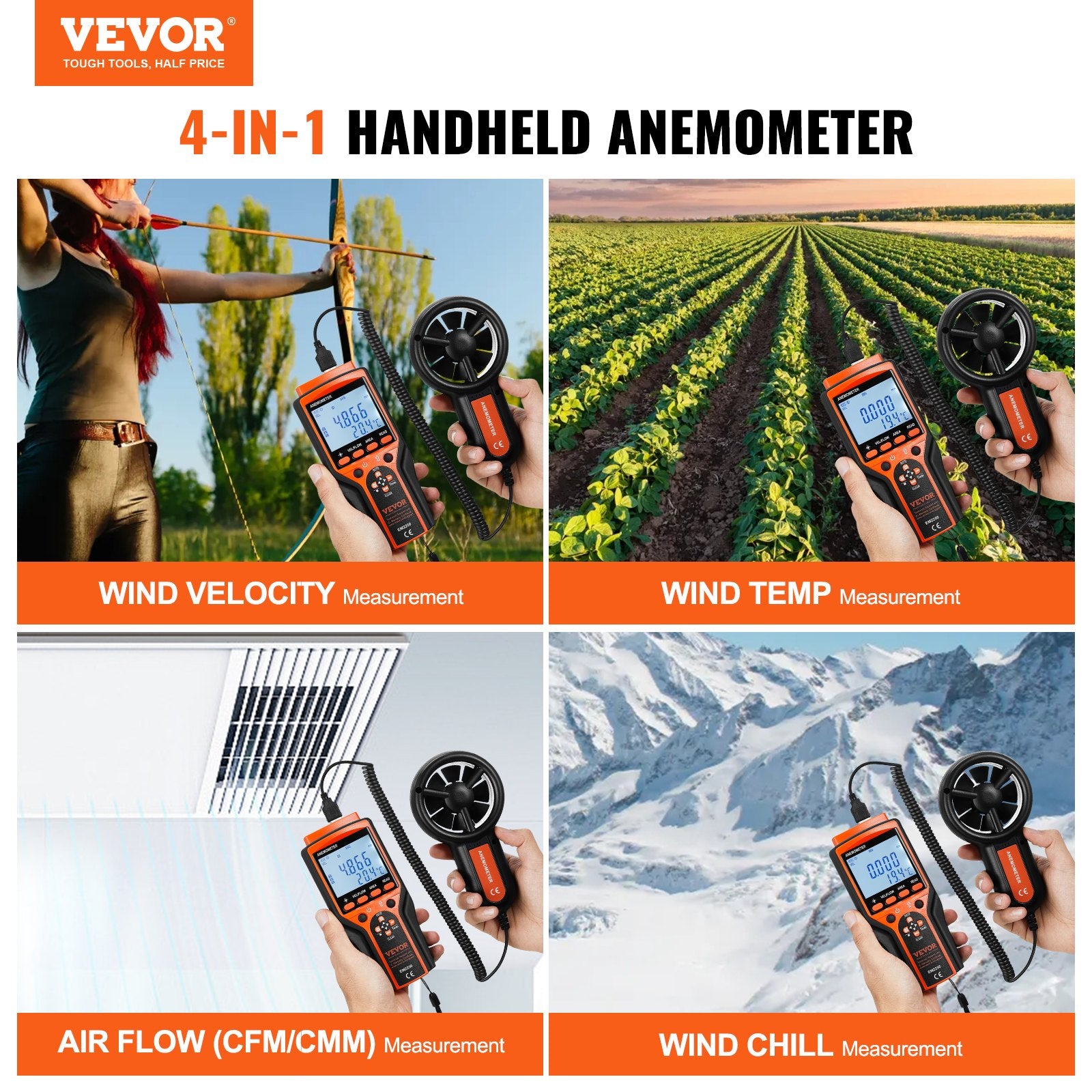 VEVOR Split Handheld Anemometer, Digital Wind Speed CFM Meter Gauge with LED Backlight Screen, Measures Wind Velocity Wind Temperature Air Flow Wind Chill, for Sailing Surfing Flying HVAC