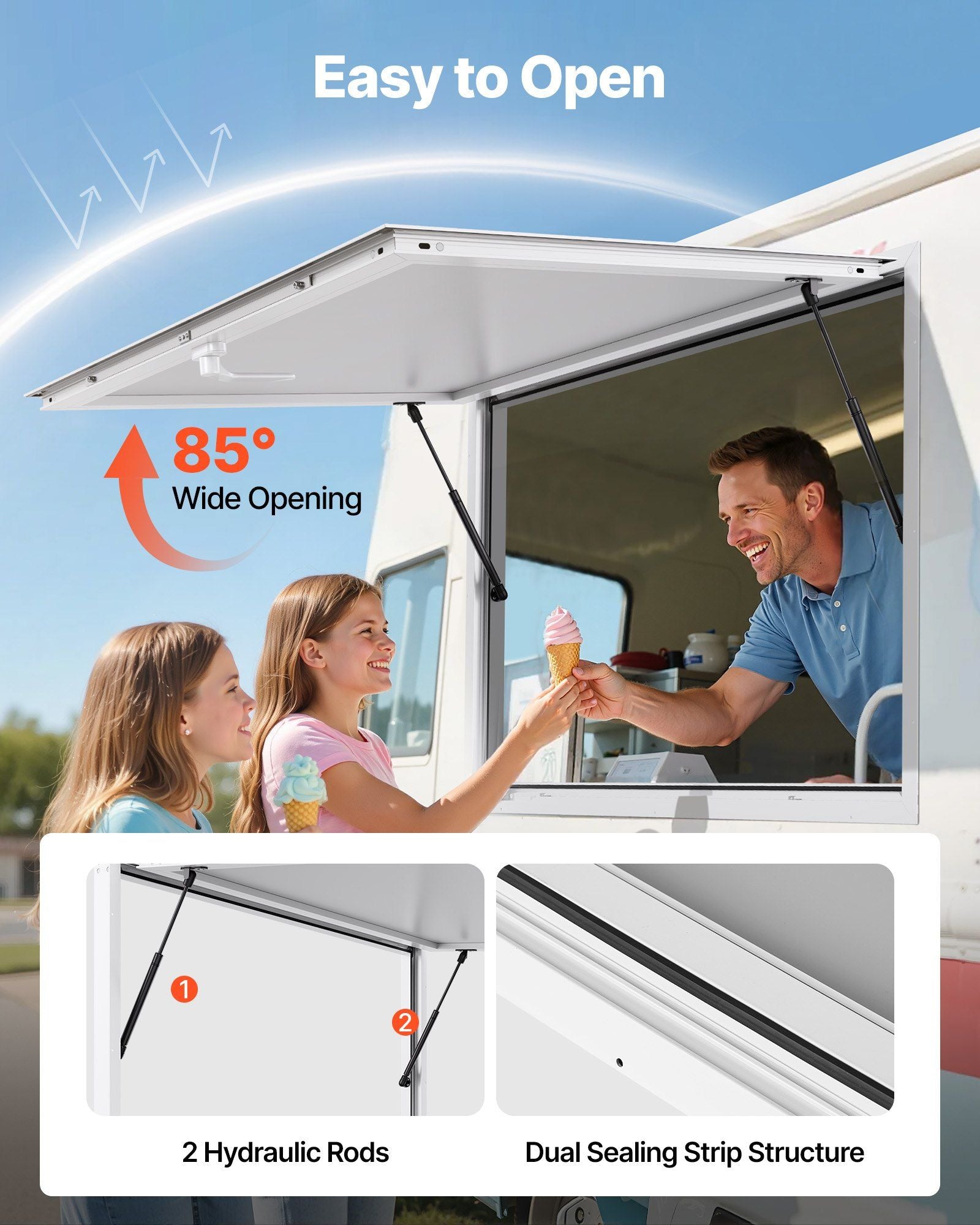 Concession Window 188x102cm, Aluminum Alloy Frame Service Window for Food Truck, Up to 85 Degrees Stand Serving Window with Awning Door and Drag Hook, Rainwater Resistant for Concession Trailer