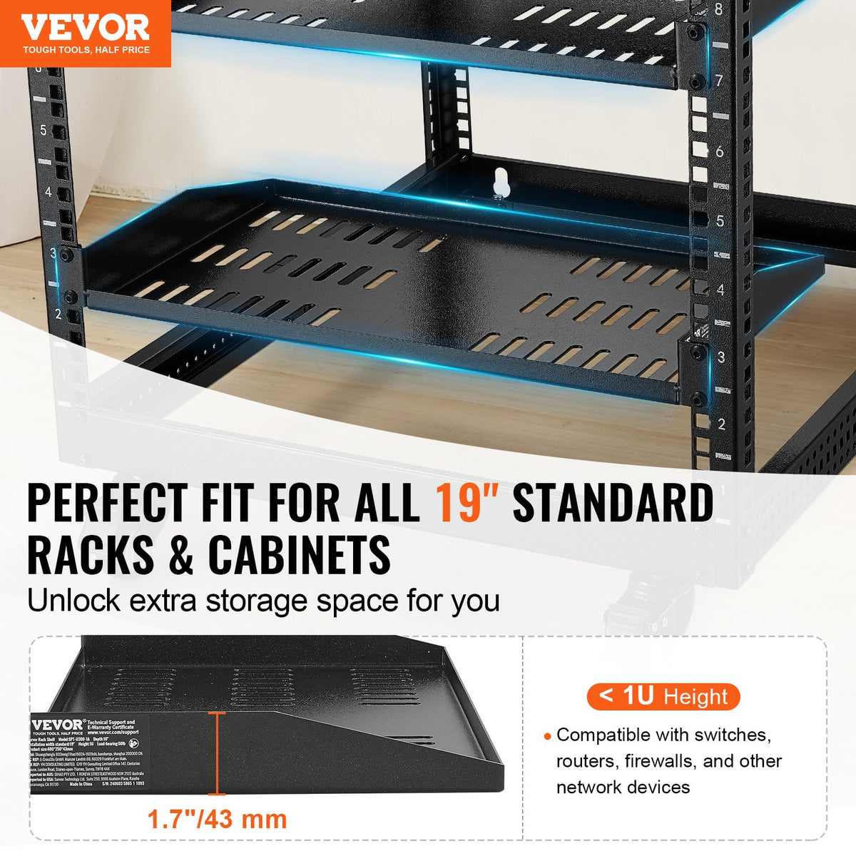 VEVOR 2PCS 1U Server Rack Shelf, 254mm Depth, 22.68kg Max Load Capacity Vented Cantilever or Wall Mount Rack Mount Shelf with Tray, Good Air Circulation for 482.6mm Network Cabinet or Equipment Rack