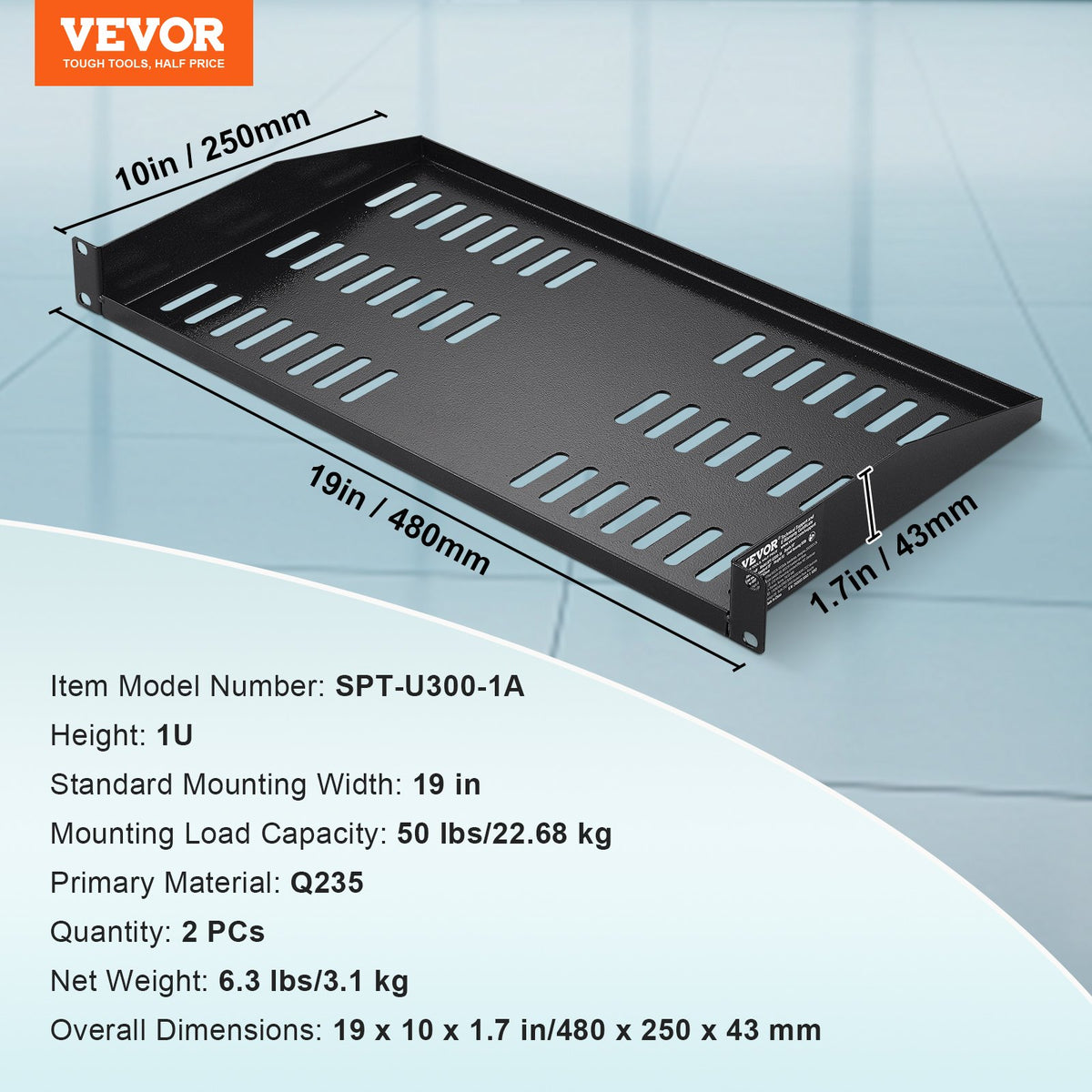 VEVOR 2PCS 1U Server Rack Shelf, 254mm Depth, 22.68kg Max Load Capacity Vented Cantilever or Wall Mount Rack Mount Shelf with Tray, Good Air Circulation for 482.6mm Network Cabinet or Equipment Rack