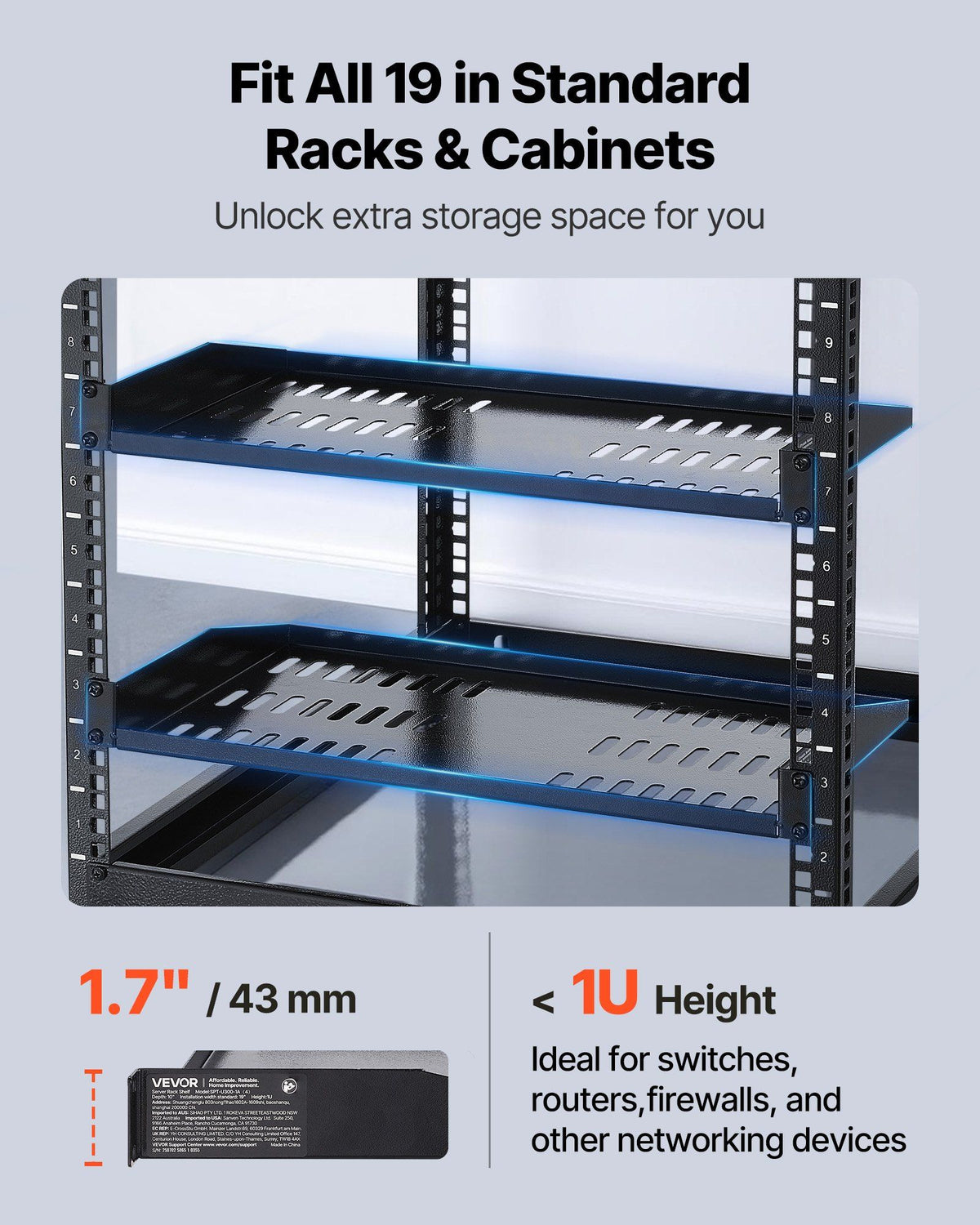 1U Server Rack Shelf, 4 PCS, 22.68 kg Max Load-Bearing Vented Cantilever, Wall Mount or Rack Mount Shelf with Tray, 254 mm Depth, Good Air Circulation for Cabinet Computer Network Equipment