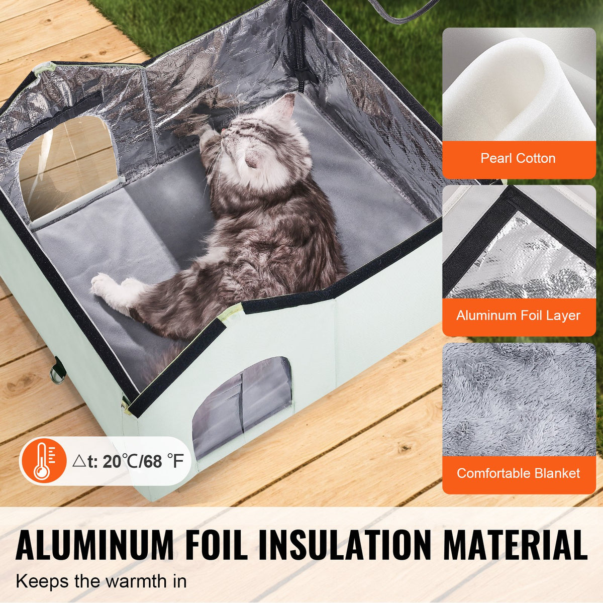 VEVOR Heated Cat House, Outdoor Kitty Shelter with Adjustable Temperature and Timer, 600D Oxford Cloth Foldable Cat Shelter with Heated Pad  for Winter to Stay Warm and Cozy, Green (Large)