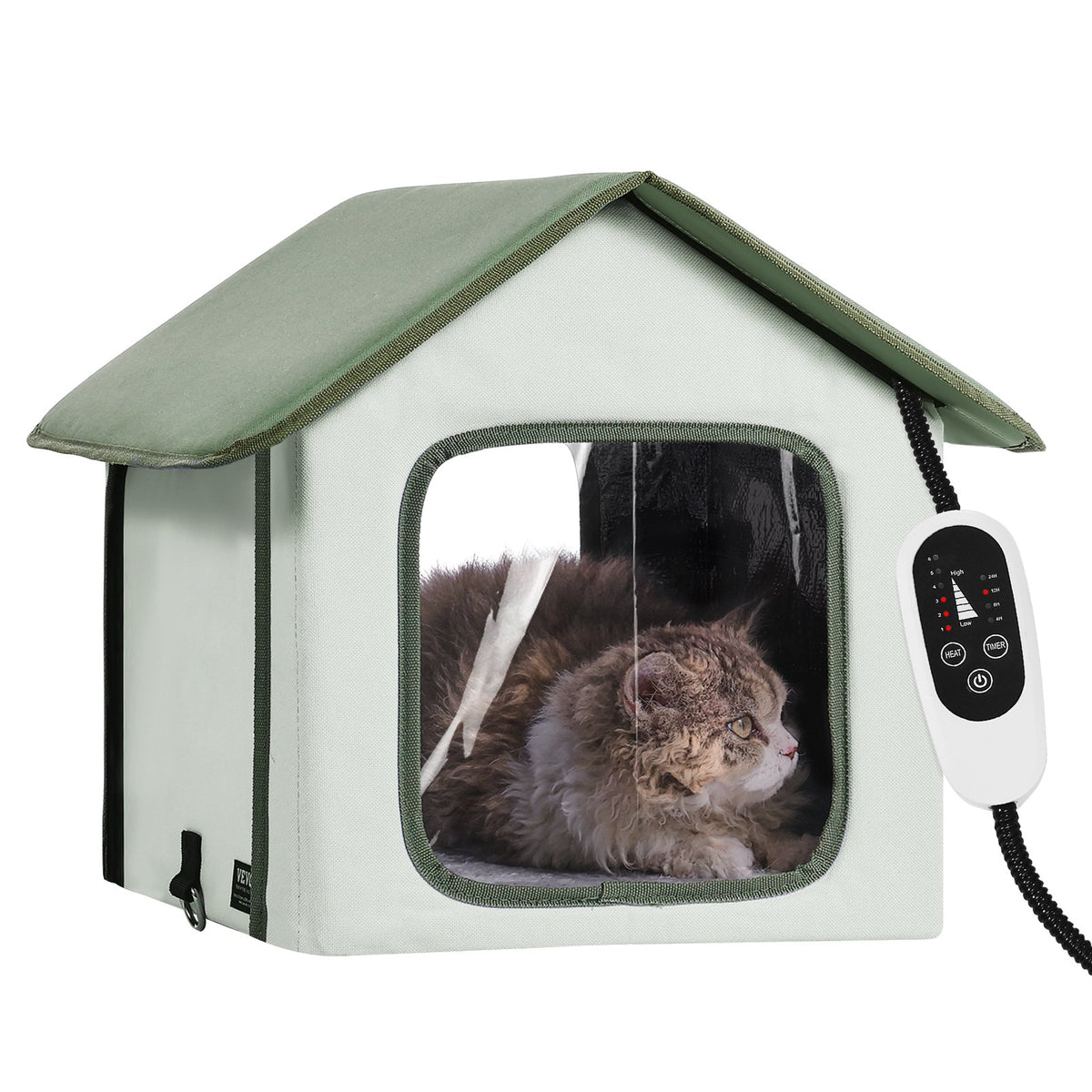VEVOR Elevated Heated Cat House, Outdoor Kitty Shelter with Timer, 600D Oxford Cloth Foldable Cat Shelter with Heated Pad for Winter to Stay Warm and Cozy, Green (Small)