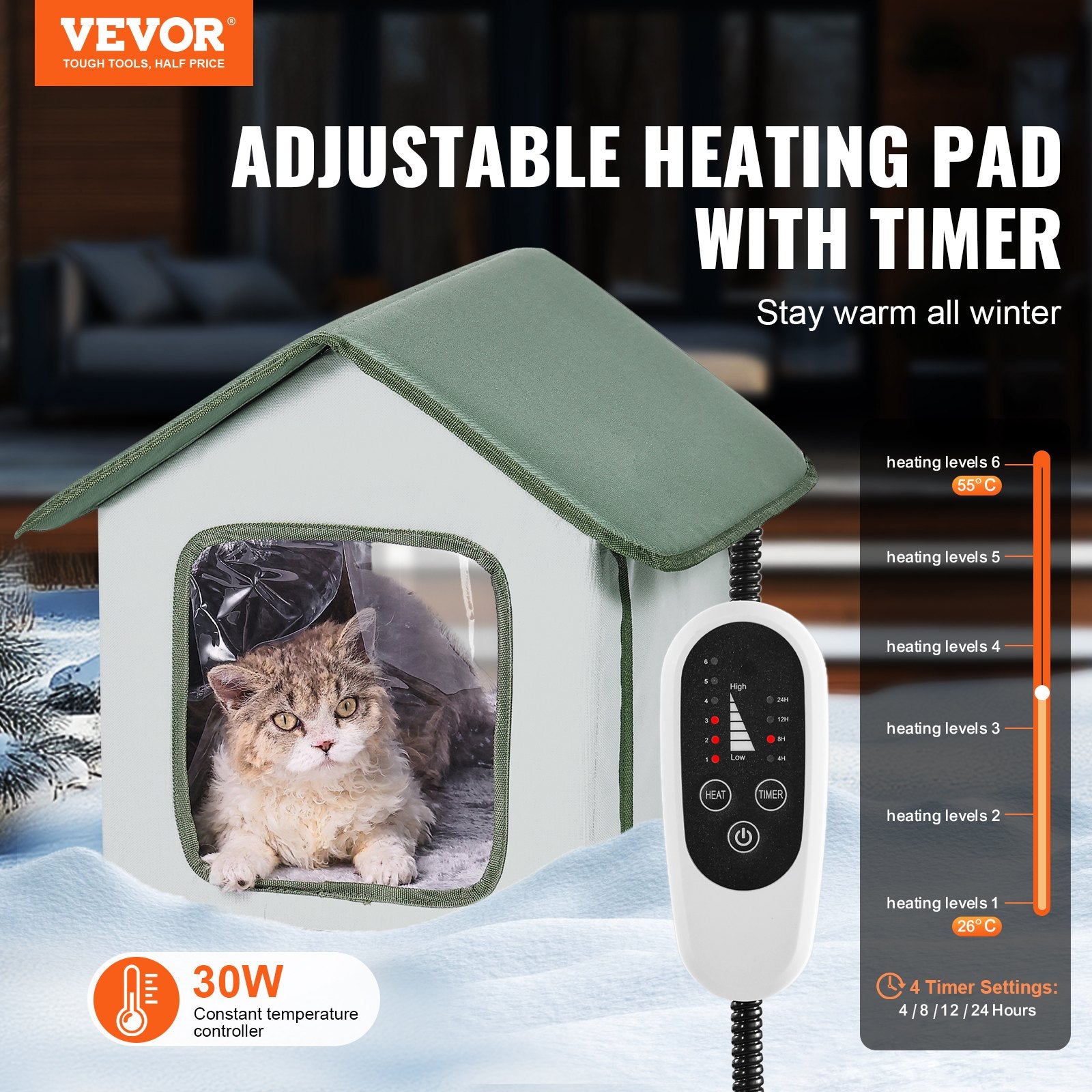 VEVOR Elevated Heated Cat House, Outdoor Kitty Shelter with Timer, 600D Oxford Cloth Foldable Cat Shelter with Heated Pad for Winter to Stay Warm and Cozy, Green (Small)