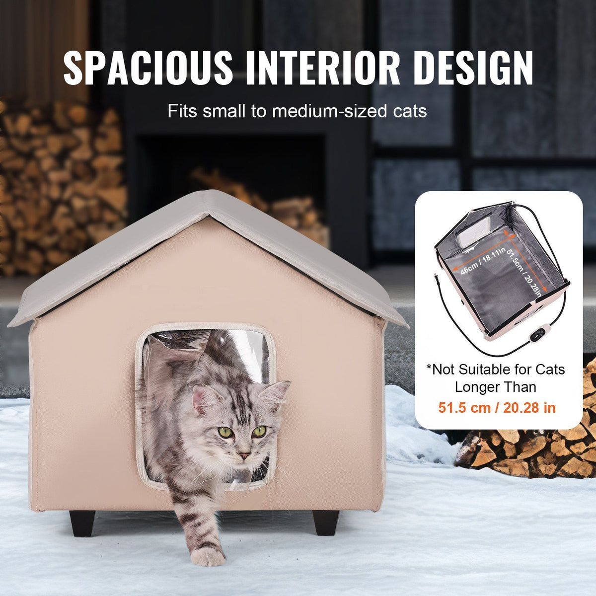 Elevated Heated Cat House, Outdoor Kitty Shelter with Timer, 600D Oxford Cloth Foldable Cat Shelter with Heated Pad for Winter to Stay Warm and Cozy, Brown (Middle)