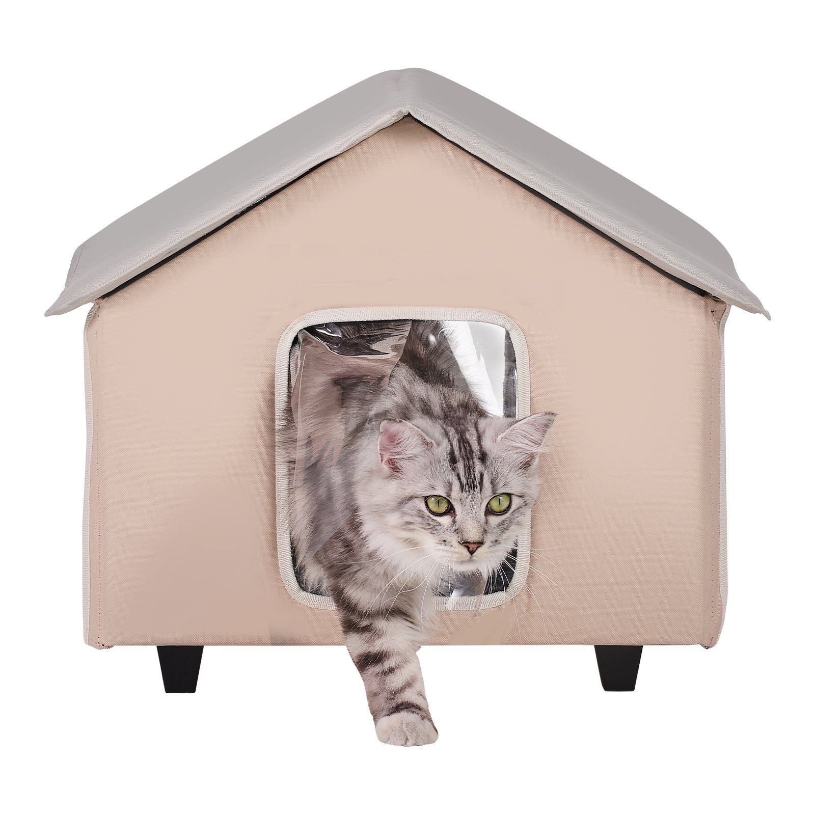Elevated Heated Cat House, Outdoor Kitty Shelter with Timer, 600D Oxford Cloth Foldable Cat Shelter with Heated Pad for Winter to Stay Warm and Cozy, Brown (Middle)