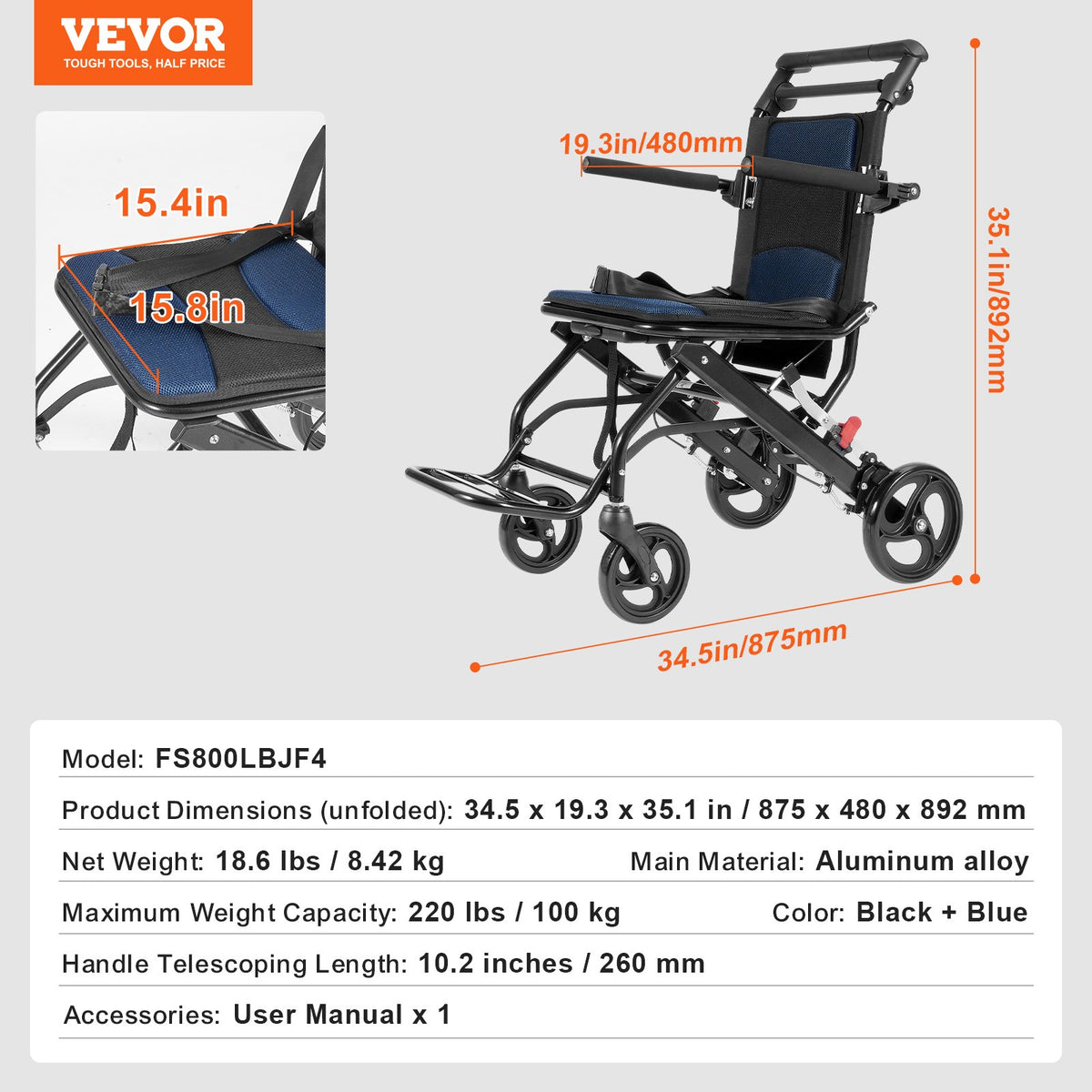 VEVOR Wheelchair, Aluminum Alloy Ultra-Lightweight Transport Chair for Adults, Foldable Cabin Wheelchair with Flip-Back Desk-Length Arms, Self-locking Brake, 15.75-Inch Wide Seat, 220lbs Load