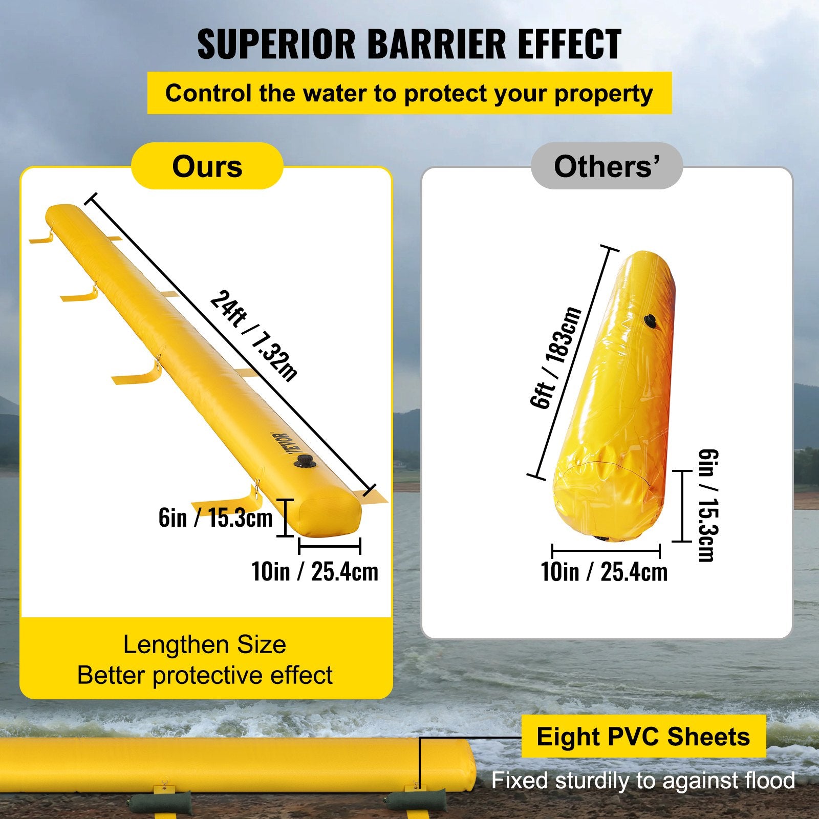 VEVOR Flood Barrier Hydro Barrier 24' Length x 6