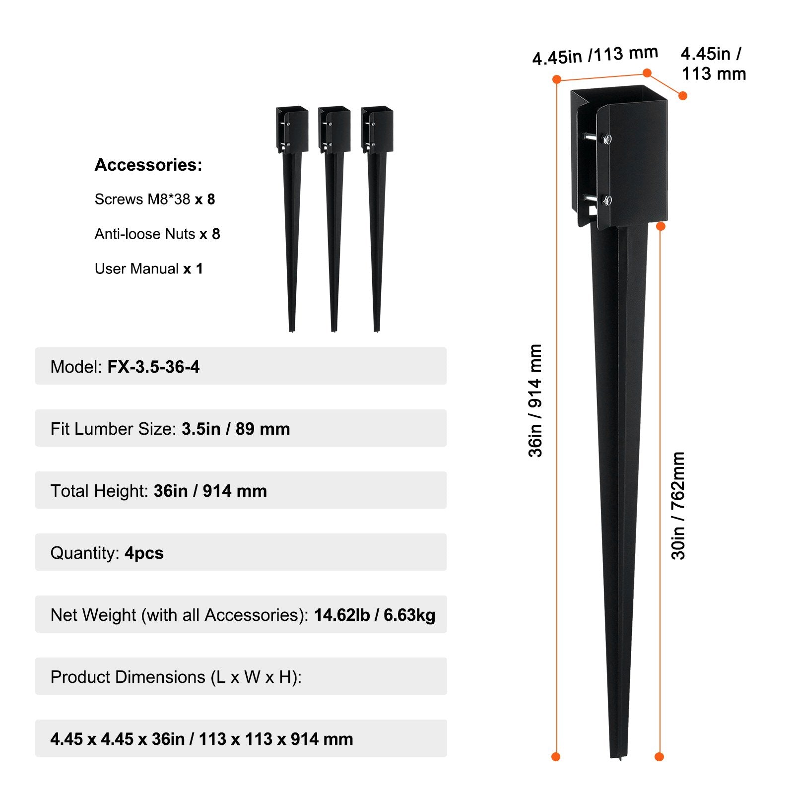 VEVOR Fence Post Anchor Ground Spike 4 Pack 36 x 4 x 4 In Metal Fence Stakes