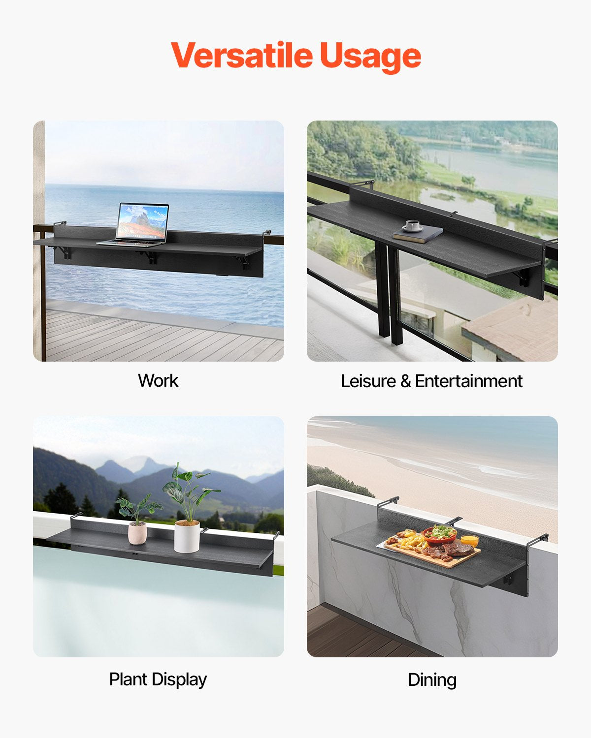 VEVOR Balcony Hanging Table, 12 x 48 in Folding Balcony Railing Table, Outdoor Balcony Bar Table for Railings, 50 lbs Loading, Fit Railing from 1" to 4.3", Serving Table for Patio & Deck