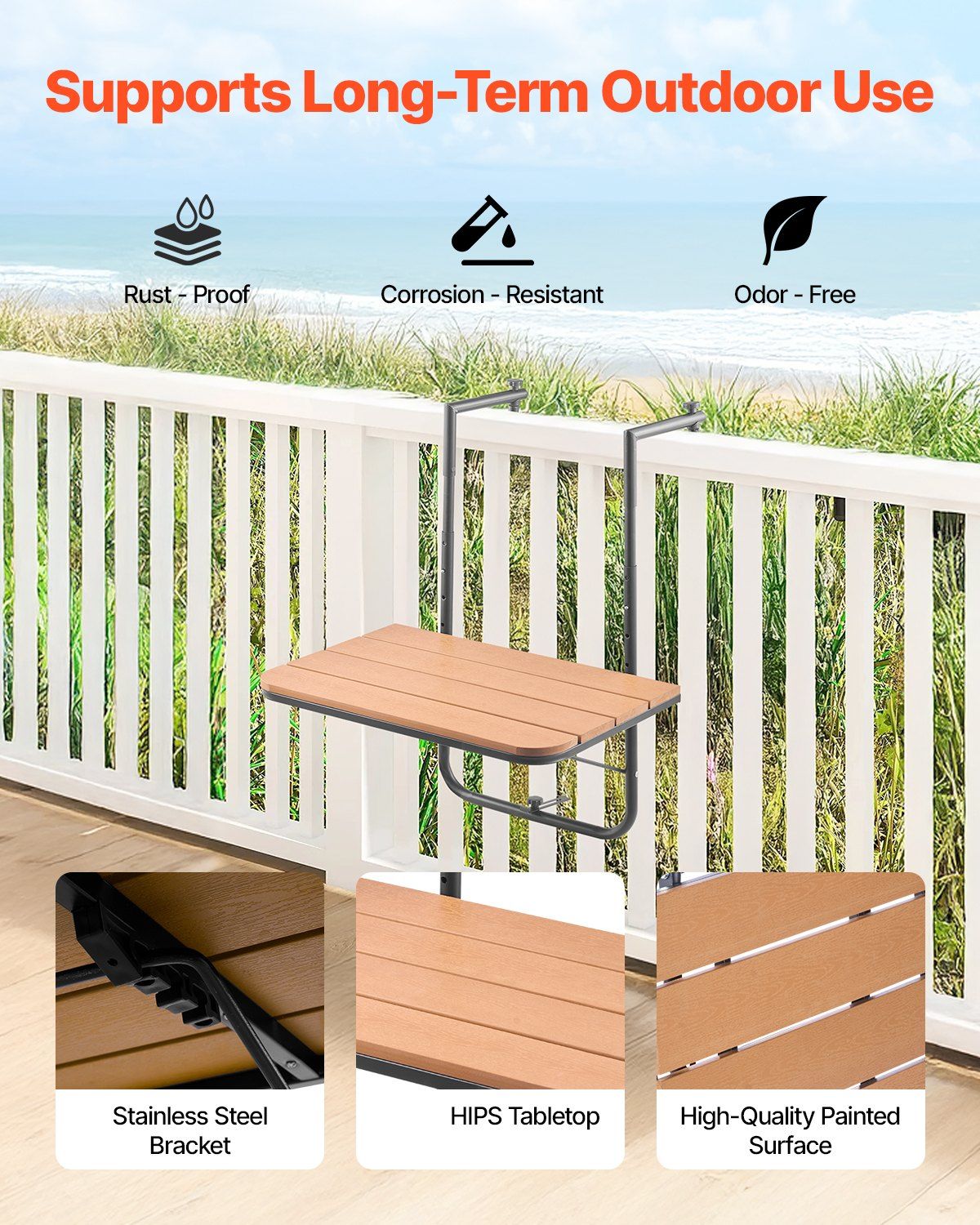 Balcony Hanging Table, 595 x 400 mm Folding Balcony Railing Table, Outdoor Balcony Bar Table for Railings, 4-Level Adjustable, Fit Railing from 1" to 8.27", Serving Table for Patio & Deck