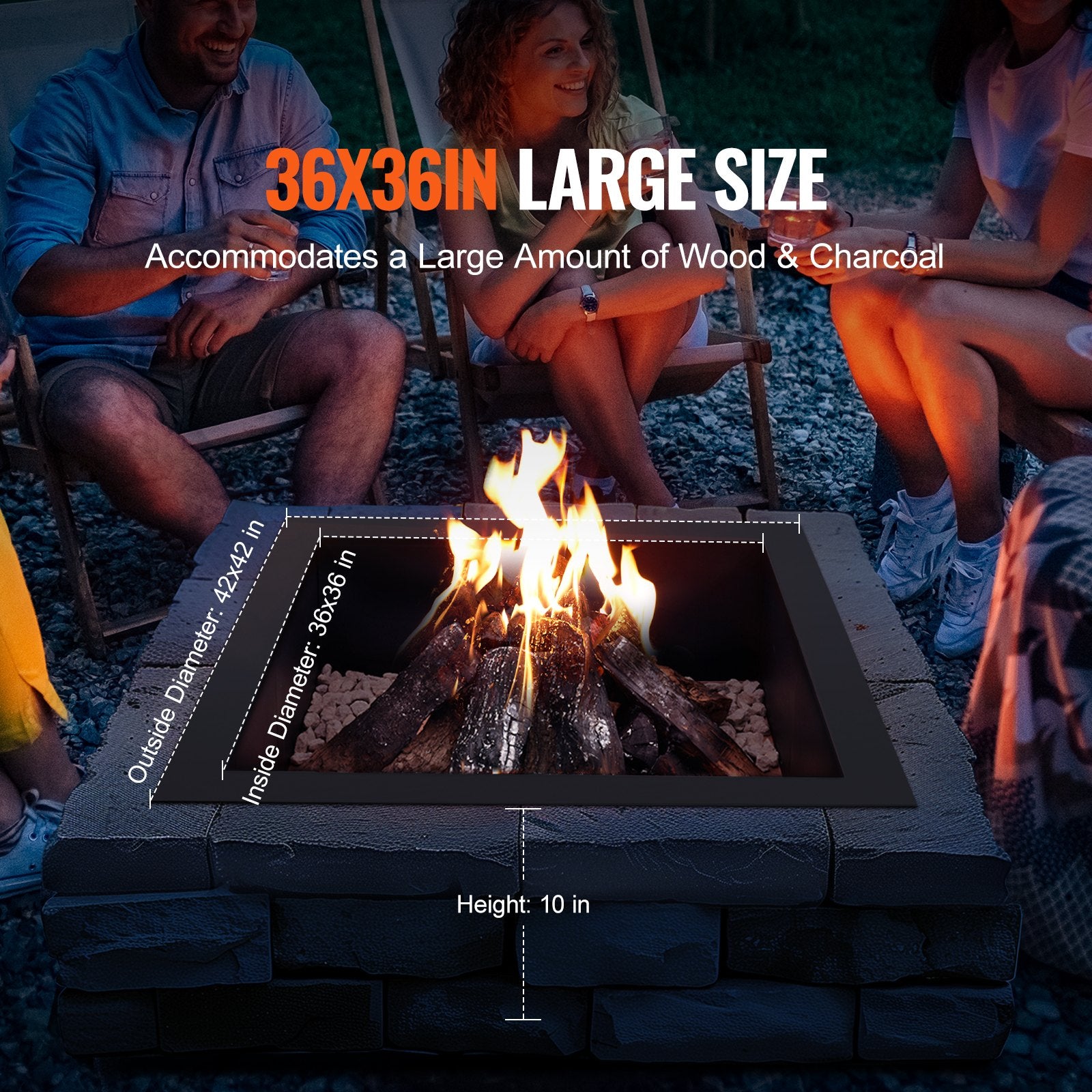 VEVOR Fire Pit Ring, 42x42 in Outer/36x36 in Inner Diameter, 10inch Height Square Fire Pit Insert, Heavy Duty Carbon Steel Liner DIY Campfire Ring above or In-Ground, for Outdoor Camping, Bonfires