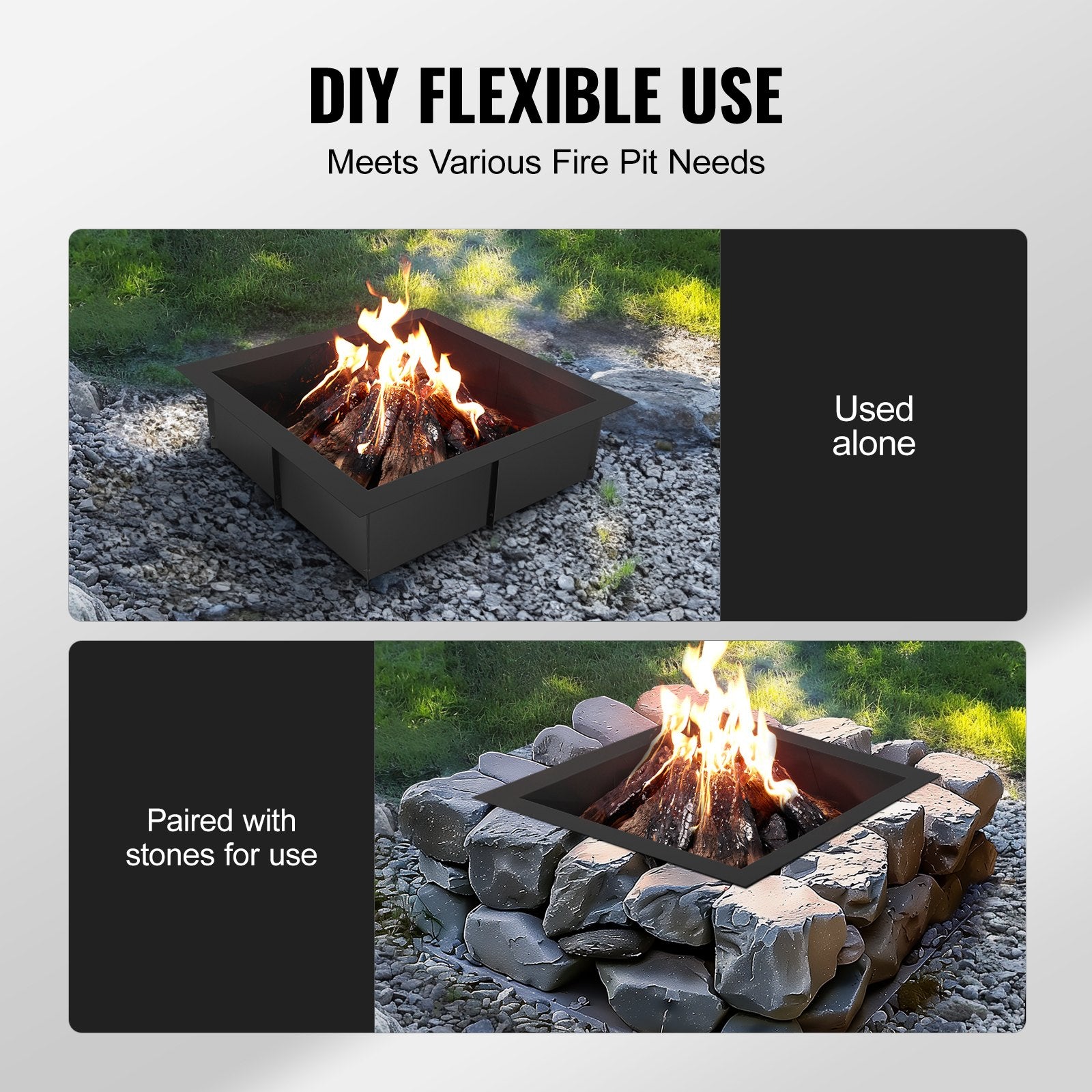 VEVOR Fire Pit Ring, 42x42 in Outer/36x36 in Inner Diameter, 10inch Height Square Fire Pit Insert, Heavy Duty Carbon Steel Liner DIY Campfire Ring above or In-Ground, for Outdoor Camping, Bonfires