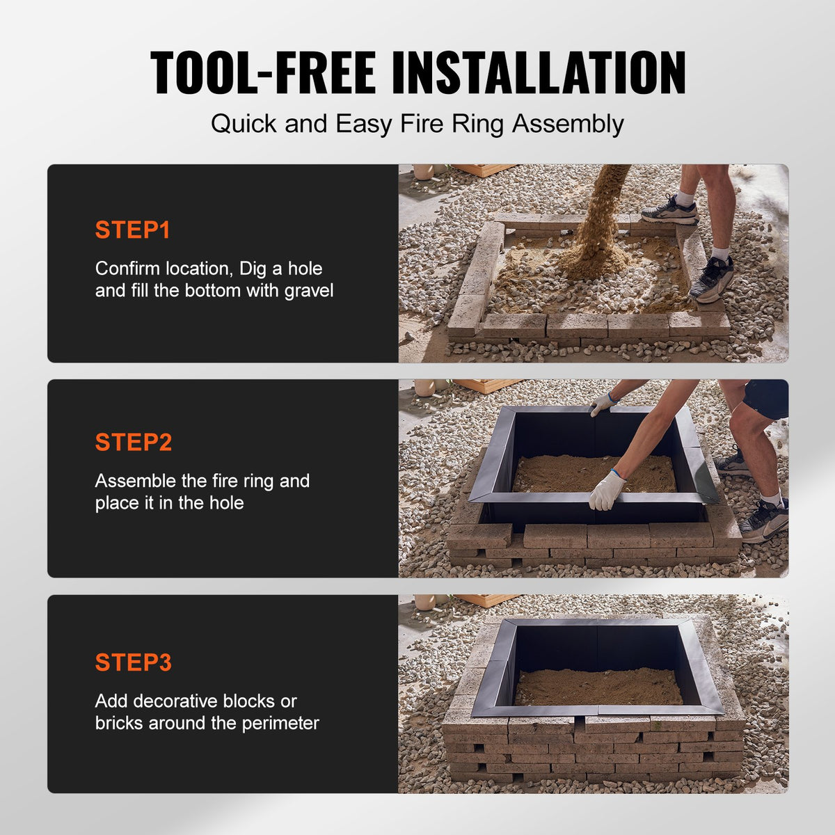 VEVOR Fire Pit Ring, 42x42 in Outer/36x36 in Inner Diameter, 10inch Height Square Fire Pit Insert, Heavy Duty Carbon Steel Liner DIY Campfire Ring above or In-Ground, for Outdoor Camping, Bonfires