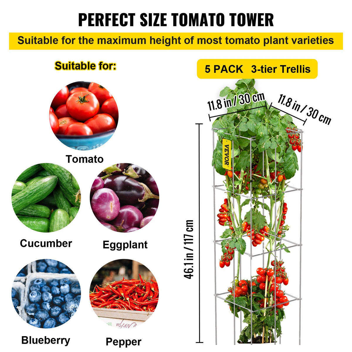 VEVOR Tomato Cages, 30 x 30 x 117 cm, 5 Packs Square Plant Support Cages, Silver PVC-Coated Steel Tomato Towers for Climbing Vegetables, Plants, Flowers, Fruits