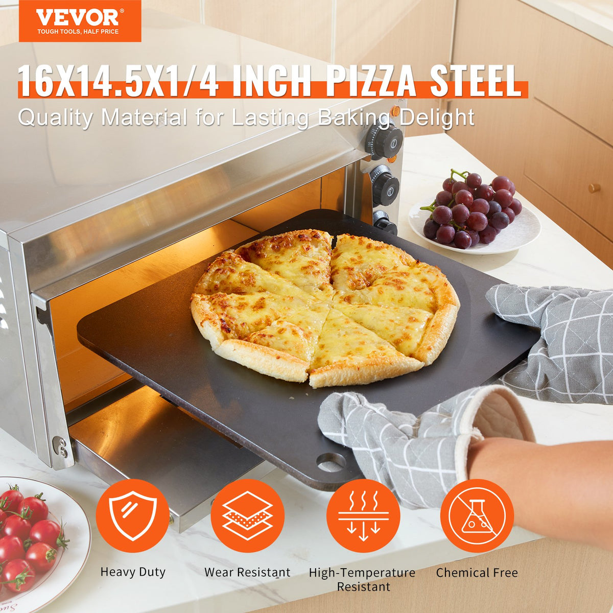 VEVOR Pizza Steel 16"x14.5"x1/4" Pre-Seasoned Carbon Steel Pizza Baking Stone