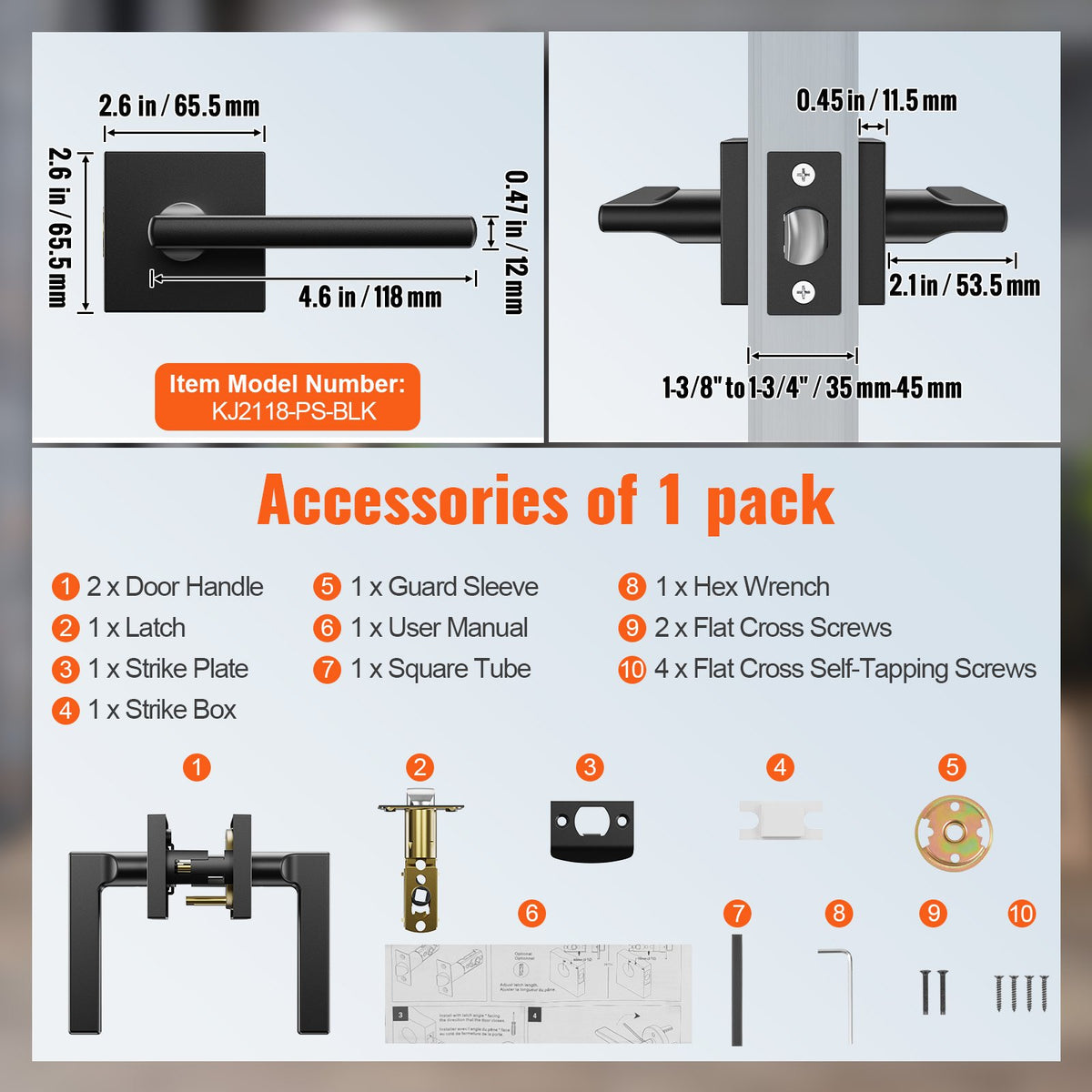 VEVOR Passage Door Handle, 1 Pack Matte Black Door Lever, Left or Right Handing Reversible Lever Non-Locking, Rotation to Open, Square Interior Door Handles for Hallways, Closets, Meeting Spaces