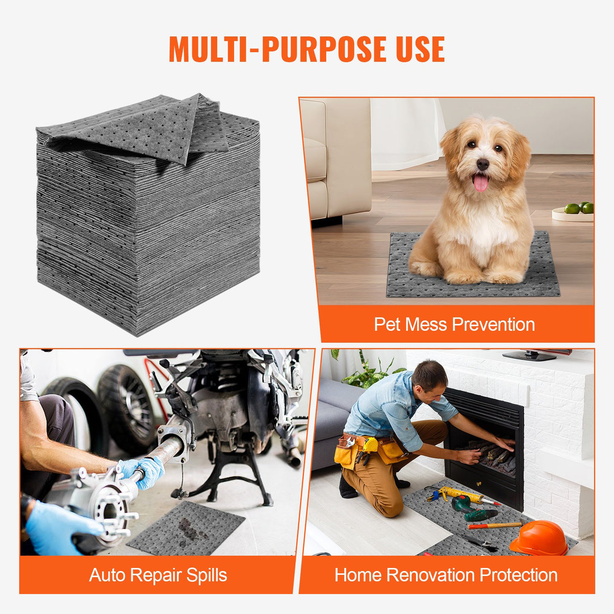 VEVOR Spill Absorbent Pads, Universal Absorbing Mat Absorbs up 12 Gal, 13" L x10" W Polypropylene Absorbent Pad for Oil, Water and Other Liquids, Pack of 100