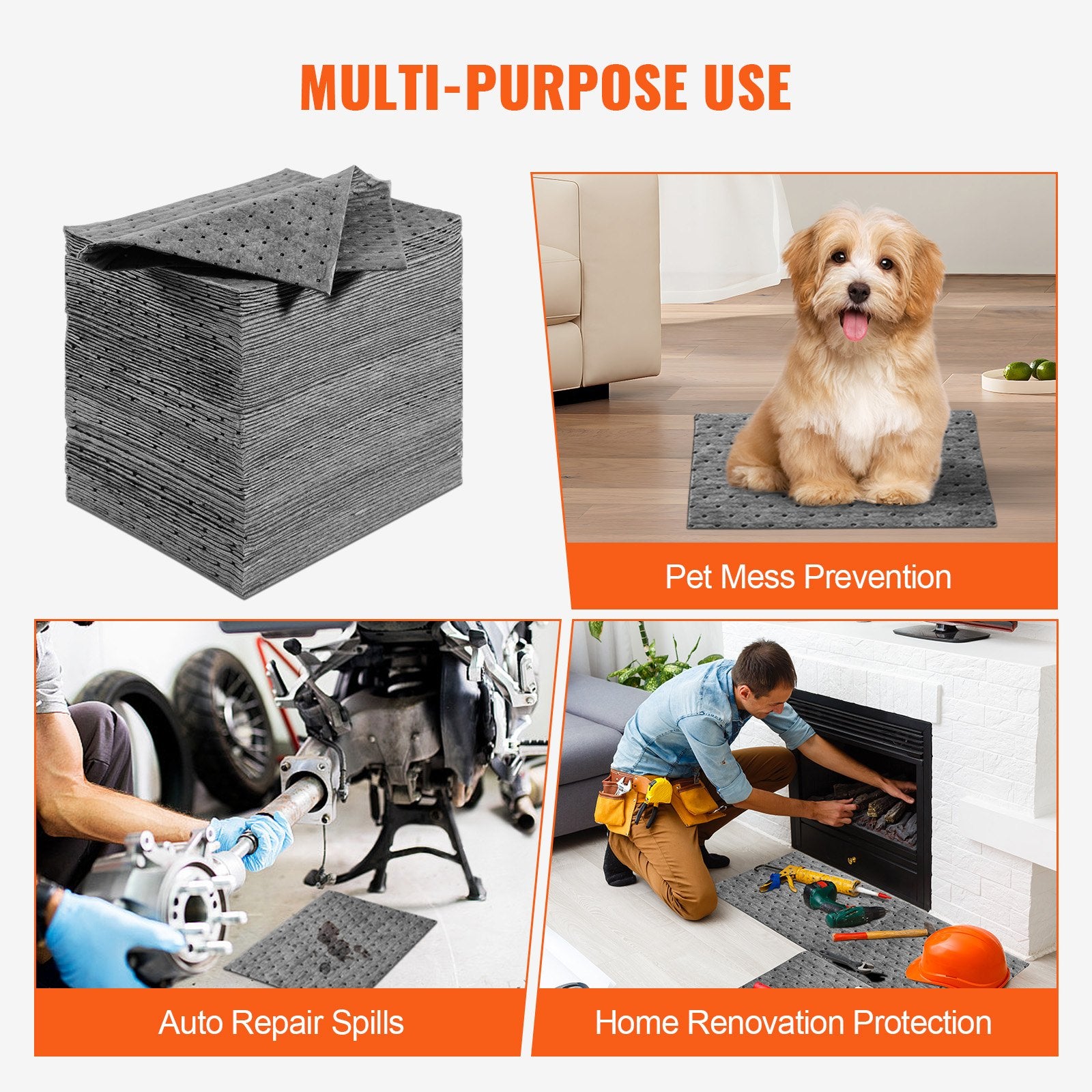 VEVOR Spill Absorbent Pads, Universal Absorbing Mat Absorbs up 12 Gal, 13" L x10" W Polypropylene Absorbent Pad for Oil, Water and Other Liquids, Pack of 100