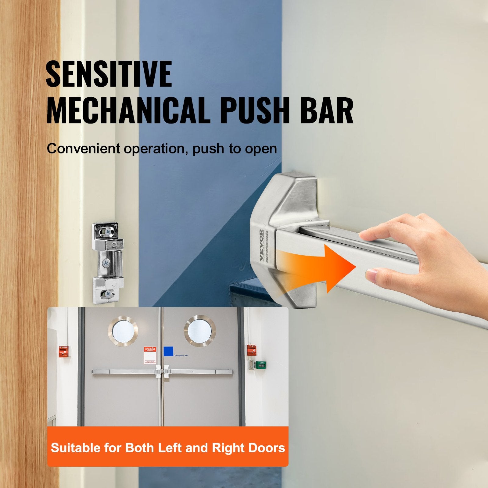 VEVOR Push Bar Door Locks, Stainless Steel Panic Bars for Exit Doors, with Exterior Lever and 3 Keys, Push Bar Panic Exit Device Door Hardware for Metal Wood Door, for Left and Right Handed Doors