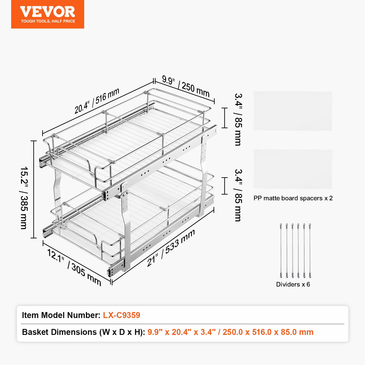 VEVOR 12"Wx21"Dx15"H Pull Out Cabinet Organizer, Heavy Duty Slide Out Pantry Shelves, Steel Roll Out Drawers, Sliding Drawer Storage for Home Under Sink, 13.5"Wx22"Dx18"H Install Size for Cabinet