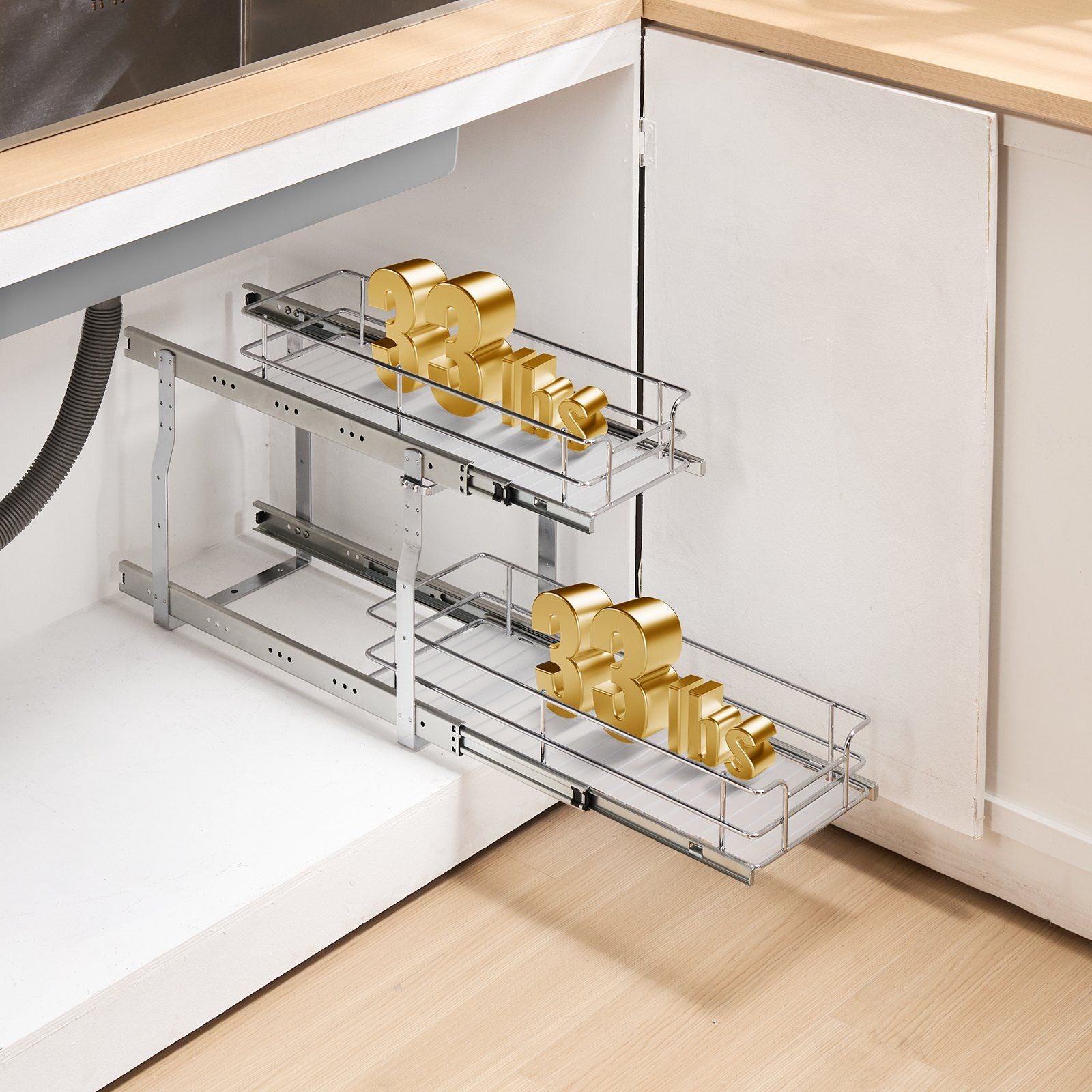 215 x 533 x 385mm  Pull Out Cabinet Organizer, Heavy Duty Slide Out Pantry Shelves, Steel Roll Out Drawers, Sliding Drawer Storage for Home Under Sink, 245 x 563 x 485 mm Install Size for Cabinet