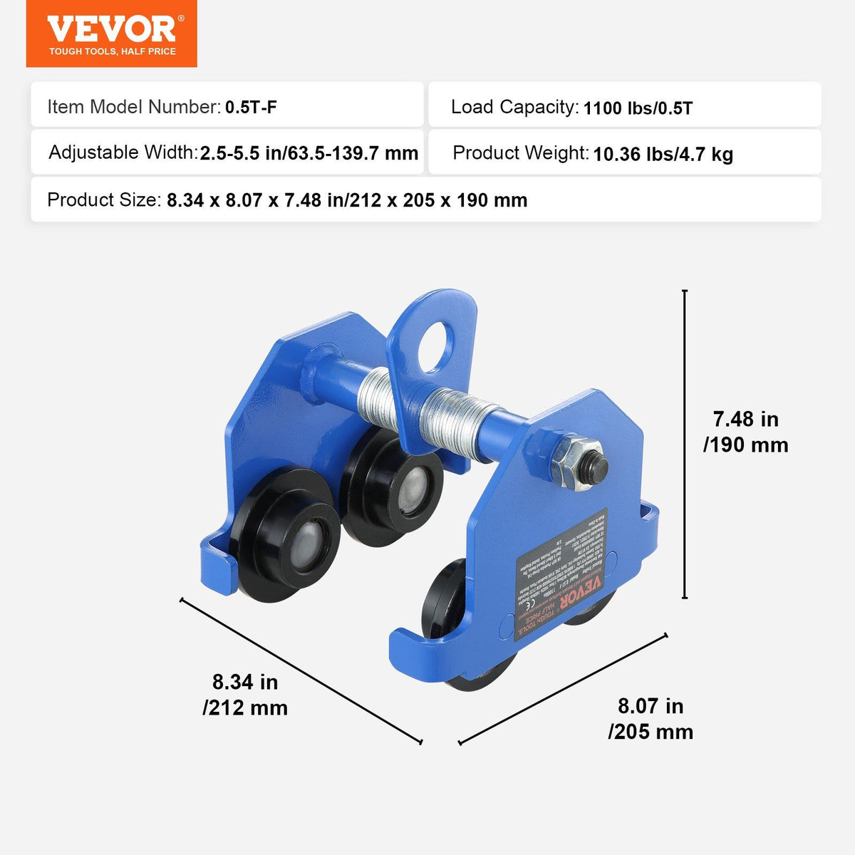 Manual Trolley, 0.5 Ton Load Capacity Push Beam Trolley with Dual Wheels, Adjustable for I-Beam Flange Width 63.5 mm to 139.7 mm, Heavy Duty Alloy Steel Garage Hoist for Straight Curved I Beam