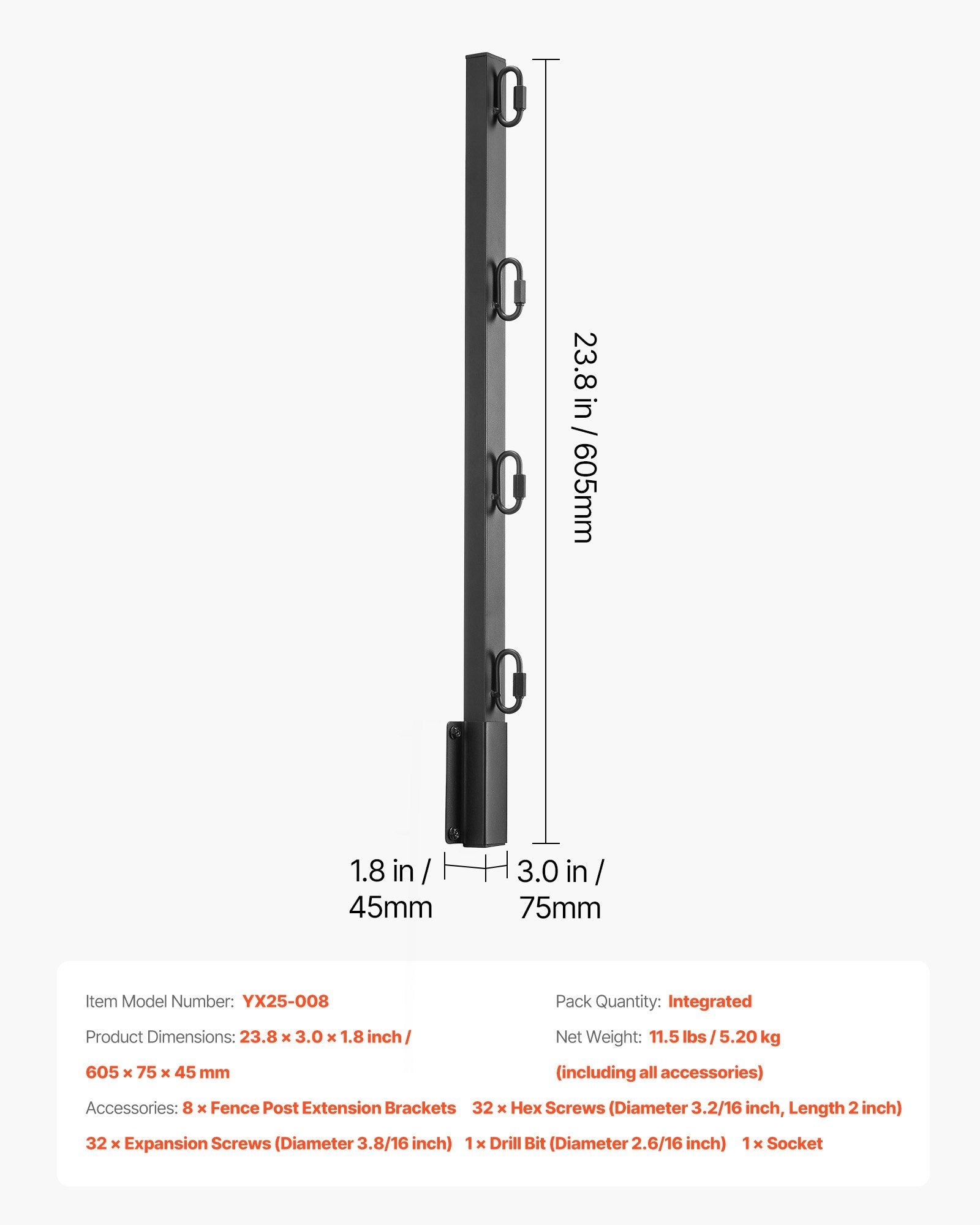 Fence Post Extender, 8 Packs 605 mm Barbed Wire Arm, Sturdy Steel Fence Height Extender, Flat or Surface Mounted Barbed Wire Extension Arms, Protect Privacy and Prevent Pets Jumping Off