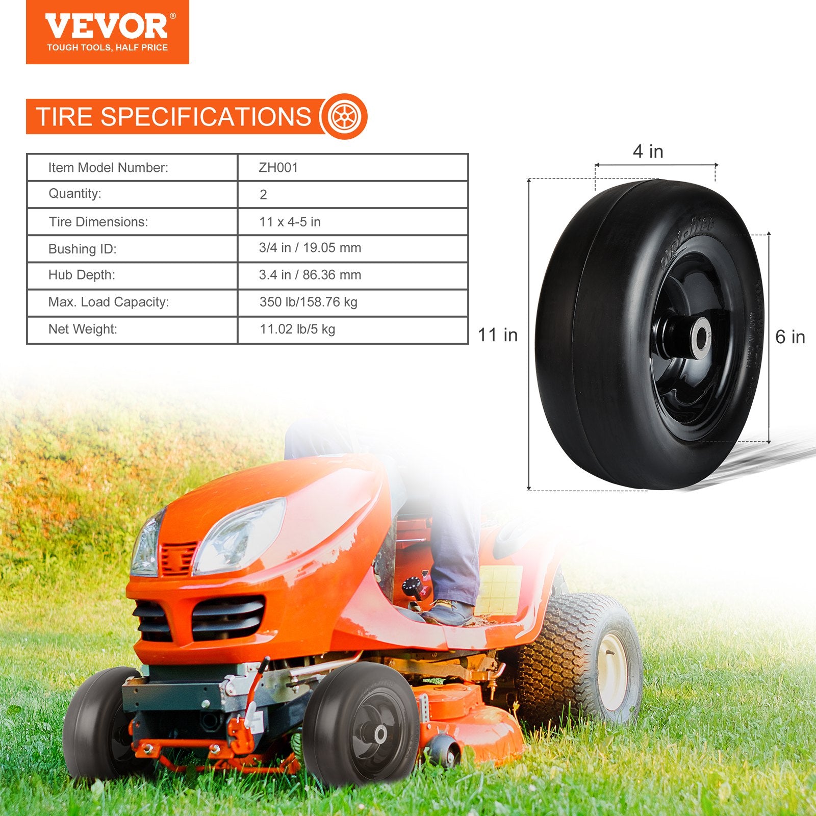 VEVOR Lawn Mower Tires with Rim, 11x4-7" Tubeless Tractor Tires, 2-Pack Tire and Wheel Assemby, Flat-free PU Tire, 3.4" Centered Hub, 3/4" Bushing Size, 20 PCS Adapters for Riding Mowers Lawn Tractors