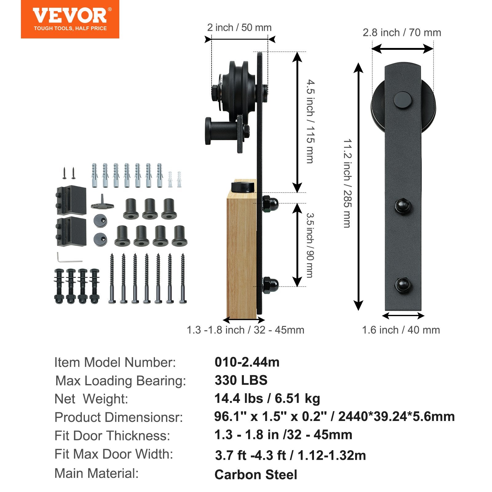 VEVOR 8FT Sliding Barn Door Hardware Closet Track Kit for Single Door I Hanger