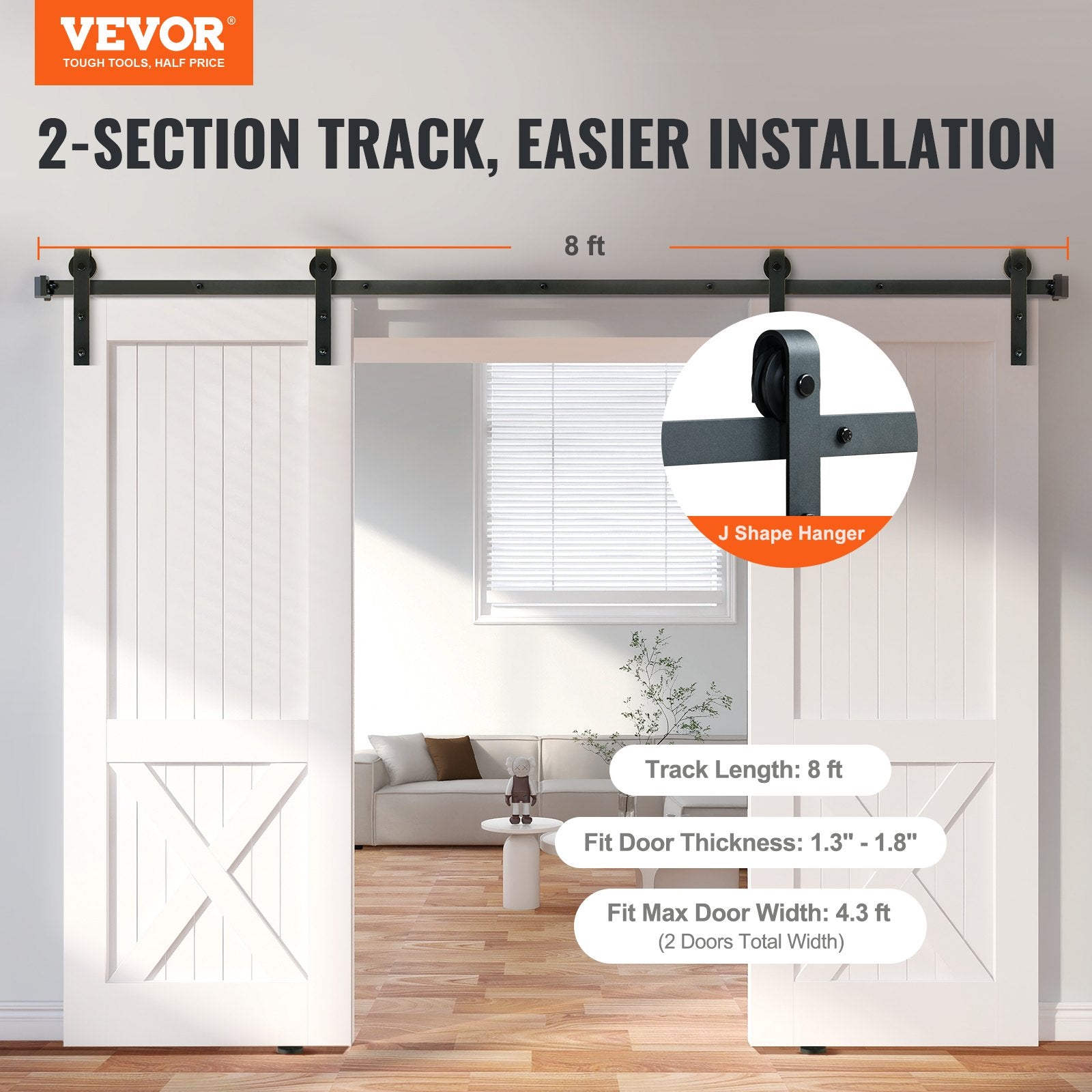 VEVOR 2440 mm Sliding Barn Door Hardware Closet Track Kit for Double Doors J Hanger
