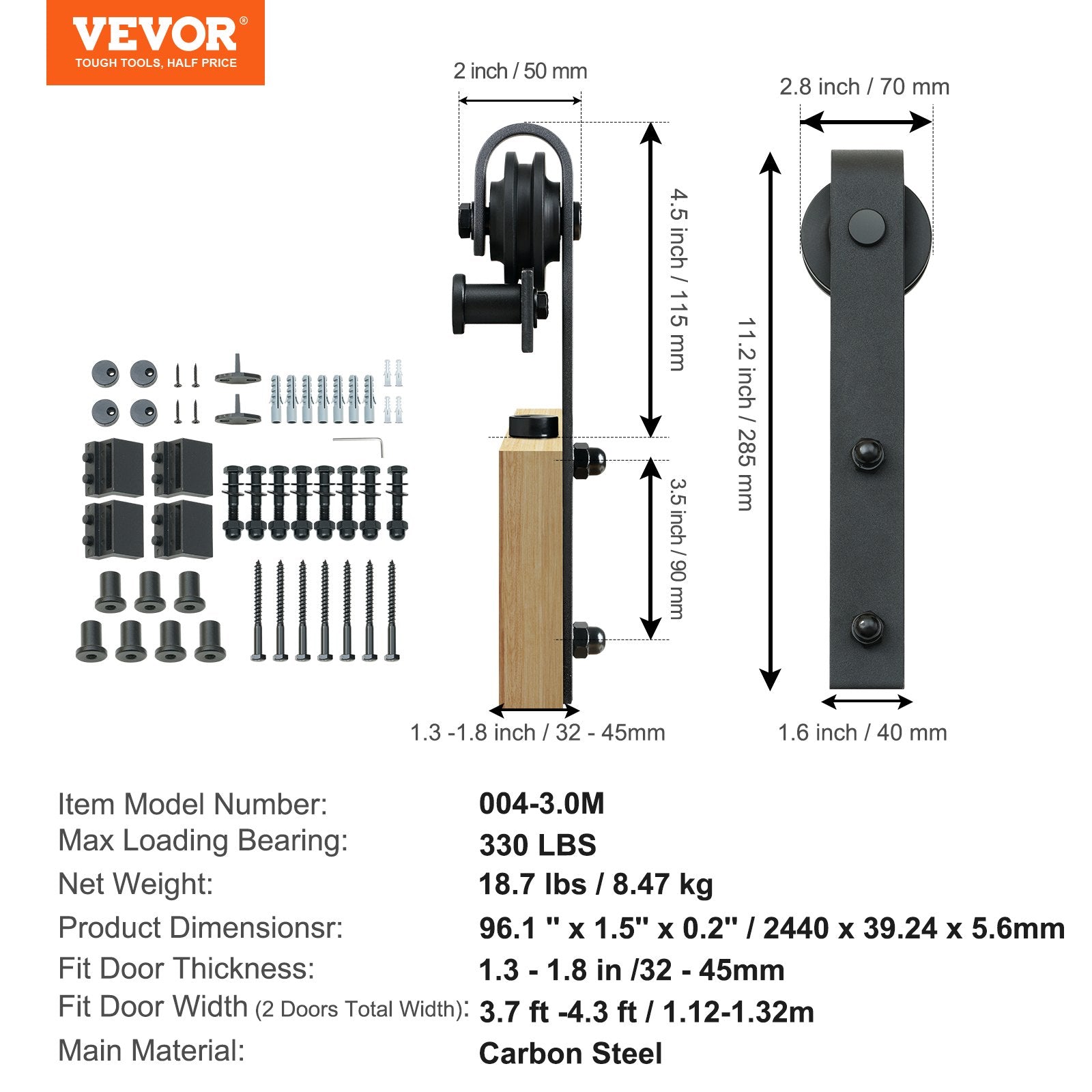 VEVOR 2440 mm Sliding Barn Door Hardware Closet Track Kit for Double Doors J Hanger