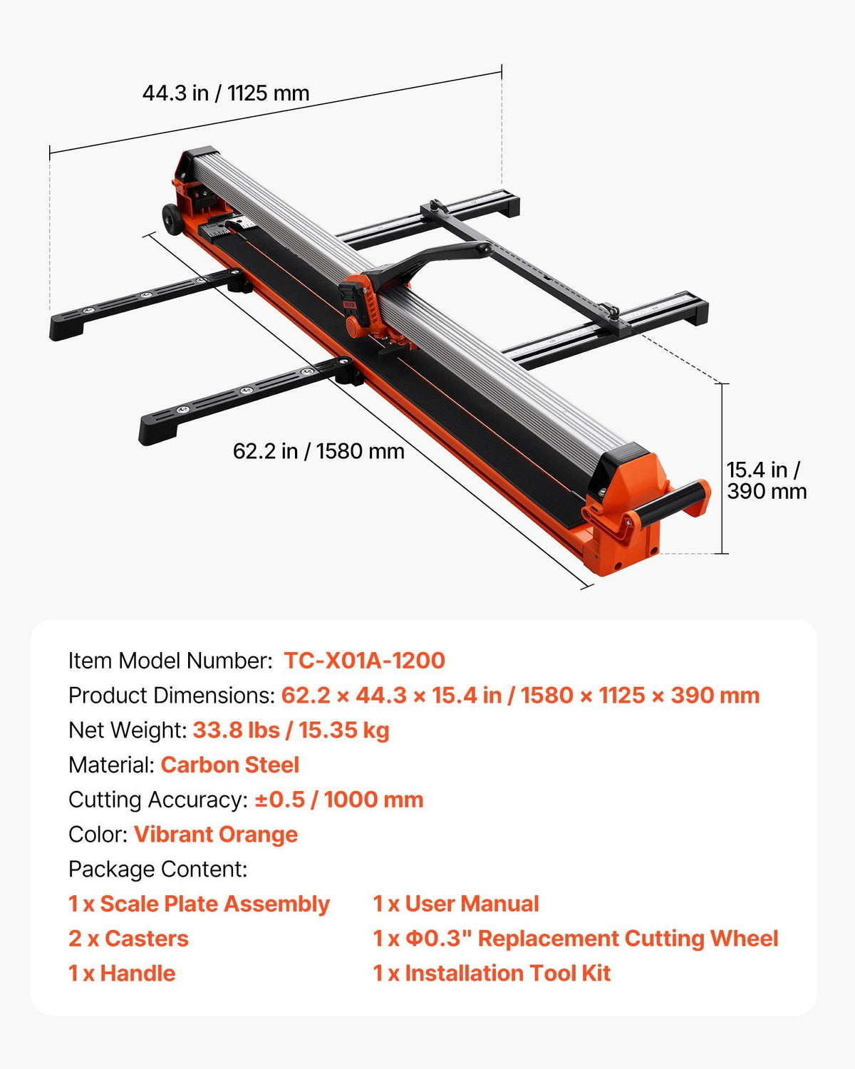 1200 mm Manual Tile Cutter, Upgraded Rail and Sliding Head, Precision Alignment Guide, Tungsten Carbide Cutting Wheel, Support Legs with Swivel Wheels, for DIY Pros, Ceramic, Floor & Wall Tiles