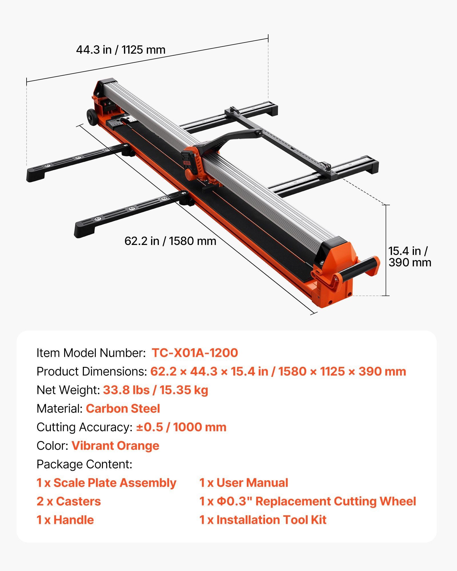 1200 mm Manual Tile Cutter, Upgraded Rail and Sliding Head, Precision Alignment Guide, Tungsten Carbide Cutting Wheel, Support Legs with Swivel Wheels, for DIY Pros, Ceramic, Floor & Wall Tiles