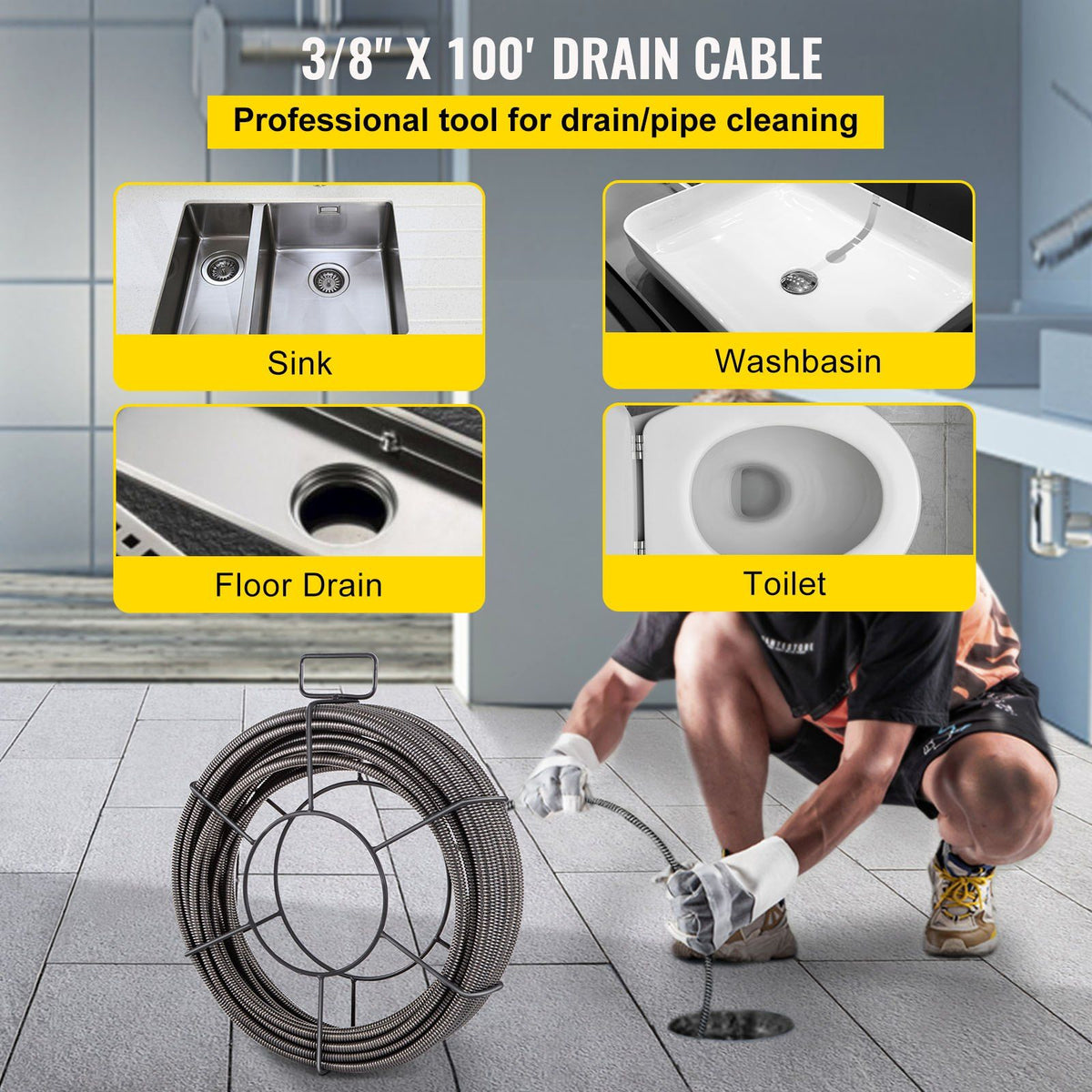 Drain Cleaning Cable 100 Feet x 3/8 Inch Solid Core Cable Sewer Cable Drain Auger Cable Cleaner Snake Clog Pipe Drain Cleaning Cable Sewer Drain Auger Snake Pipe
