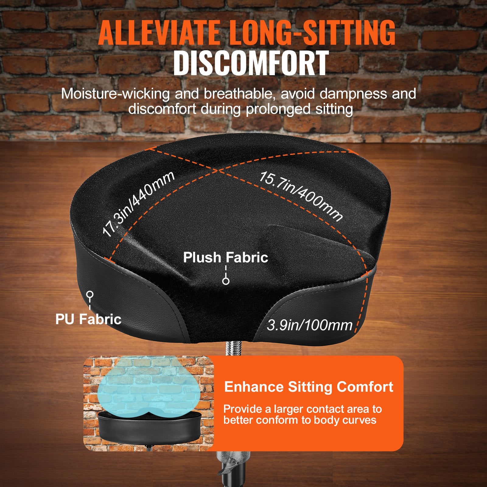 VEVOR Saddle Drum Throne, 560-705 mm Height Adjustable, Padded Drum Stool Seat with Anti-Slip Feet Drumsticks 227 kg Max Weight Capacity, Swivel Drum Chair for Drummers