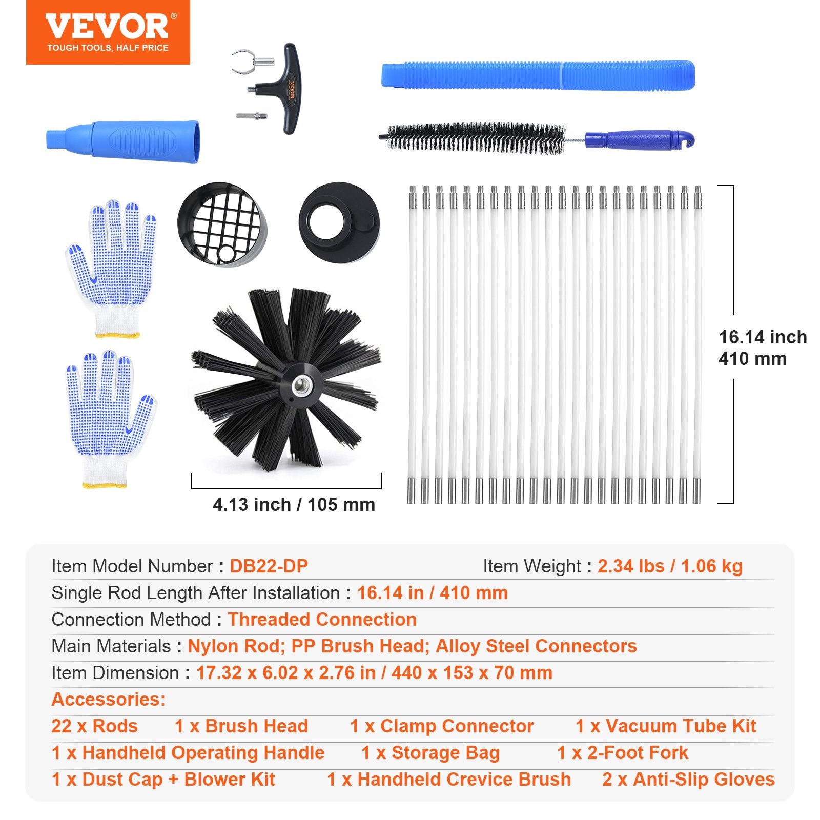 VEVOR 914.4CM Dryer Vent Cleaner Kit, 22 Pieces Duct Cleaning Brush, Reinforced Nylon Dryer Vent Brush with Complete Accessories, Dryer Cleaning Kit with Flexible Lint Trap Brush, Clamp Connectors