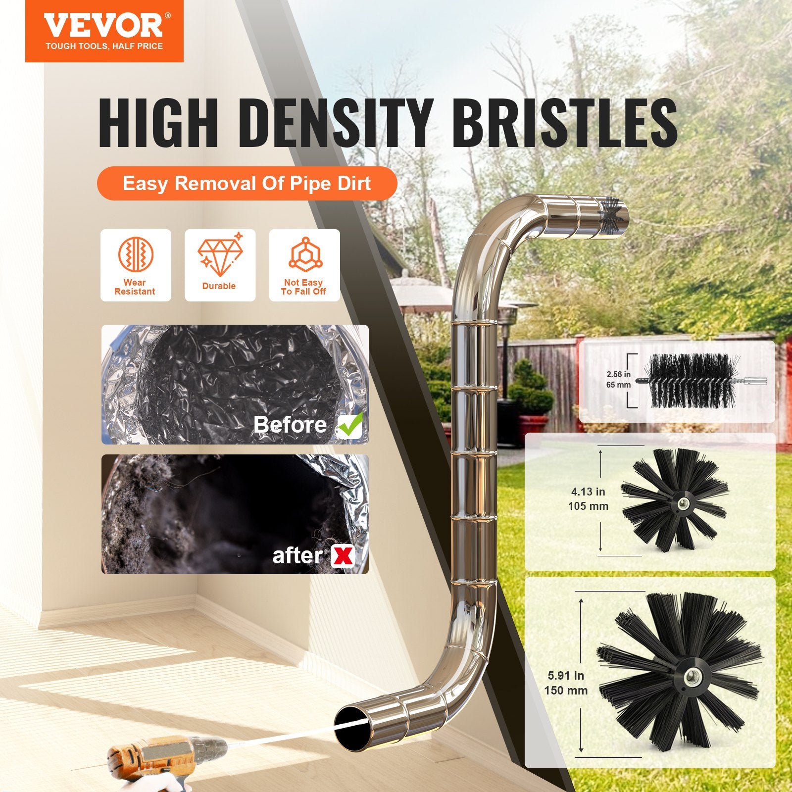 VEVOR 29 Pieces 12.2M Dryer Vent Cleaner Kit, Include 3 Different Sizes Flexible Lint Trap Brush, Reinforced Nylon Duct Cleaning Dryer Vent Brush, Dryer Cleaning Kit with Clamp Connectors
