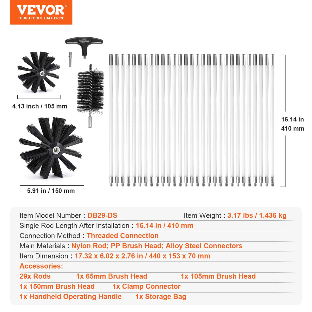 VEVOR 29 Pieces 12.2M Dryer Vent Cleaner Kit, Include 3 Different Sizes Flexible Lint Trap Brush, Reinforced Nylon Duct Cleaning Dryer Vent Brush, Dryer Cleaning Kit with Clamp Connectors