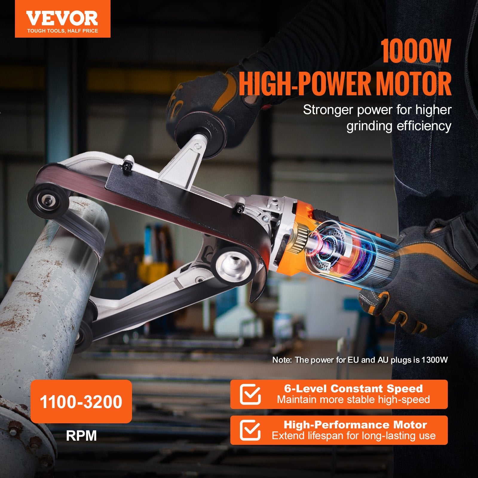 VEVOR Pipe Tube Polisher Sander, 1300W Pipe Belt Sander with 6 Variable Speeds 1100-3200rpm, Professional Belt Sander Grinding Machine with 3PCS Sanding Belts for Burnishing Finishing Rust Removal