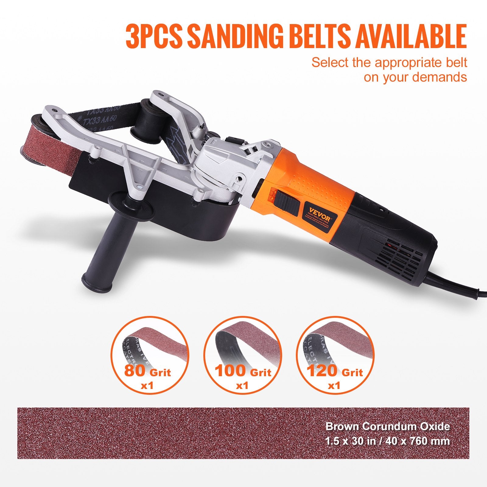 VEVOR Pipe Tube Polisher Sander, 1300W Pipe Belt Sander with 6 Variable Speeds 1100-3200rpm, Professional Belt Sander Grinding Machine with 3PCS Sanding Belts for Burnishing Finishing Rust Removal